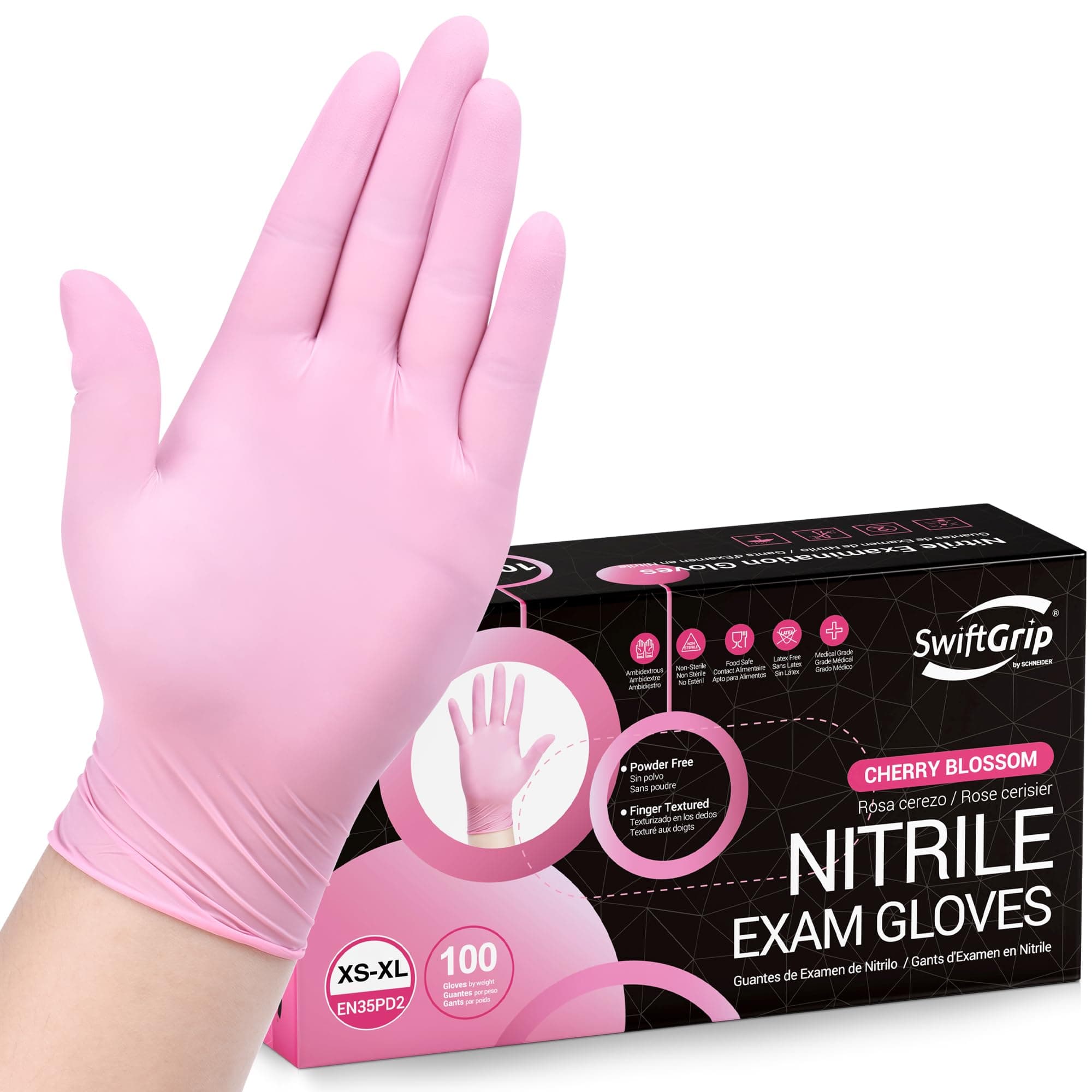 SwiftGrip Pink Nitrile Disposable Gloves, Medical Exam Rubber Gloves Latex Free & Powder-Free for Cleaning, Esthetician, Food Prep, Hair Dyeing (Box of 100, Large)