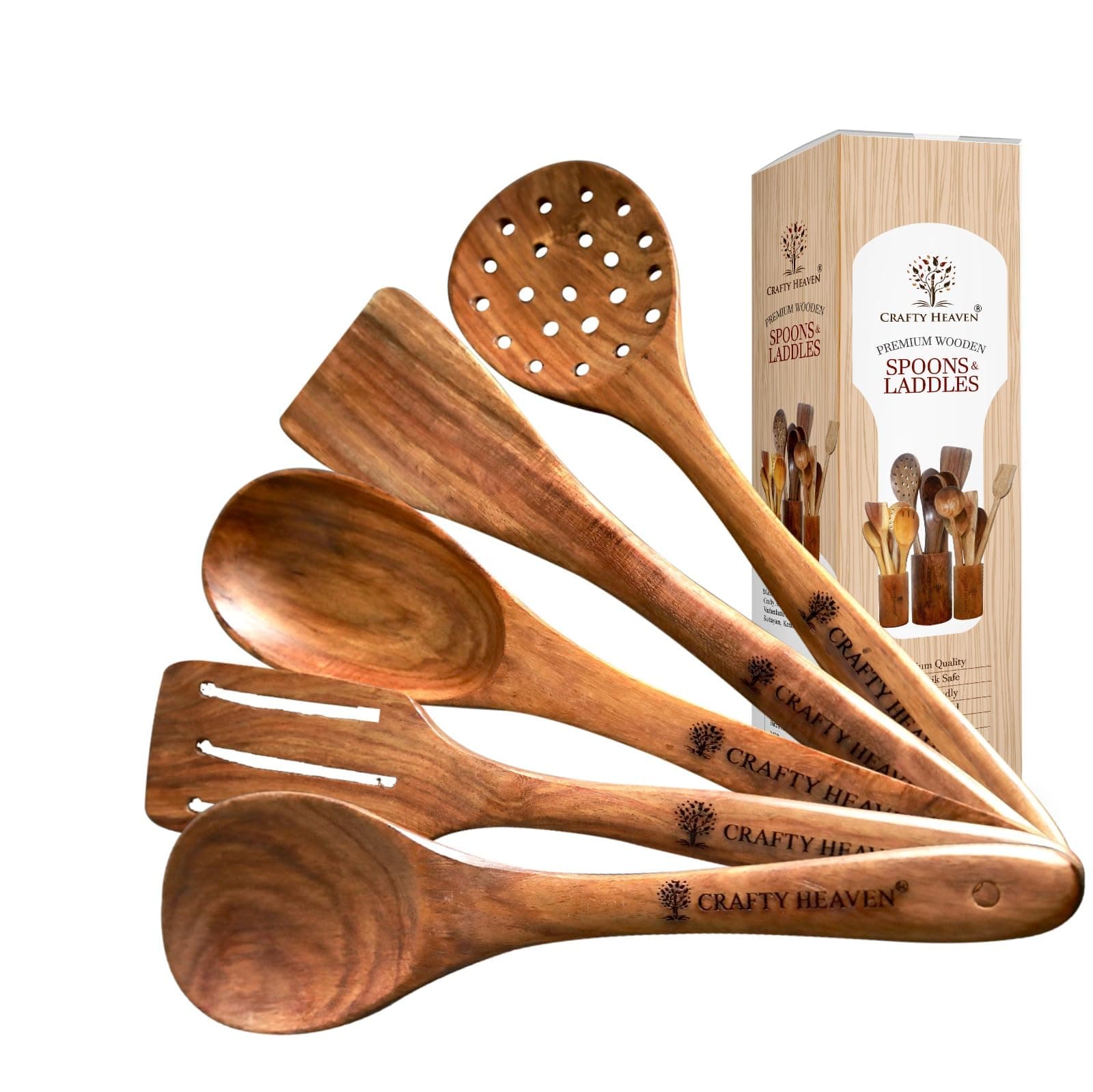- Wooden Spatualas & Ladles | Sheesham Wood Utensils for Cooking | Non-Stick Cookware Safe | Wooden Spoon Set | Handmade Kitchen Tools | Heat Resistant | Made in India - Set of 5