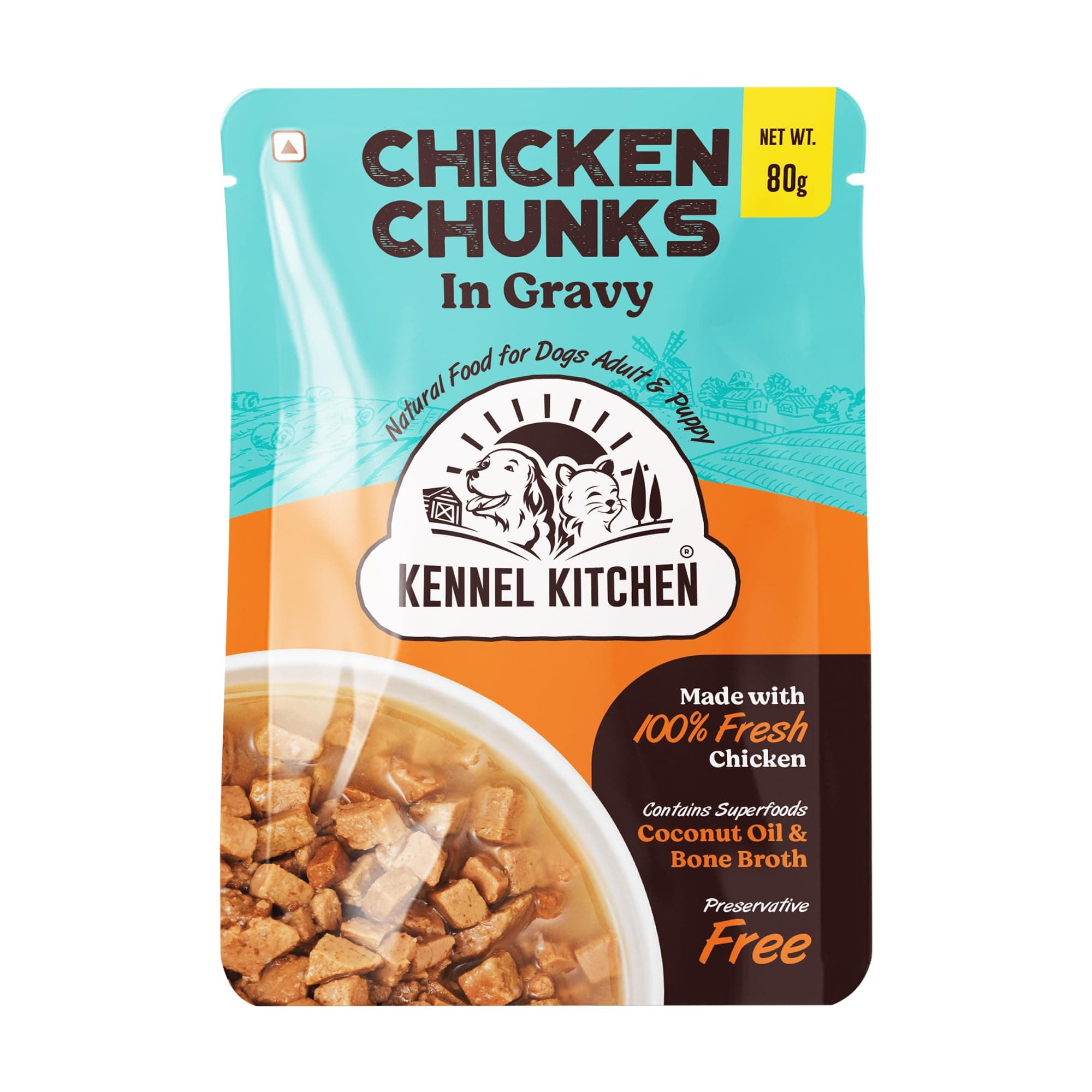 Chicken Chunks in Gravy, 80g (Pack of 12) | Wet Dog Food for Adult & Puppy | Dog Food Gravy with Regionally Sourced Fresh Chicken | Free from Artificial Colours & Preservatives