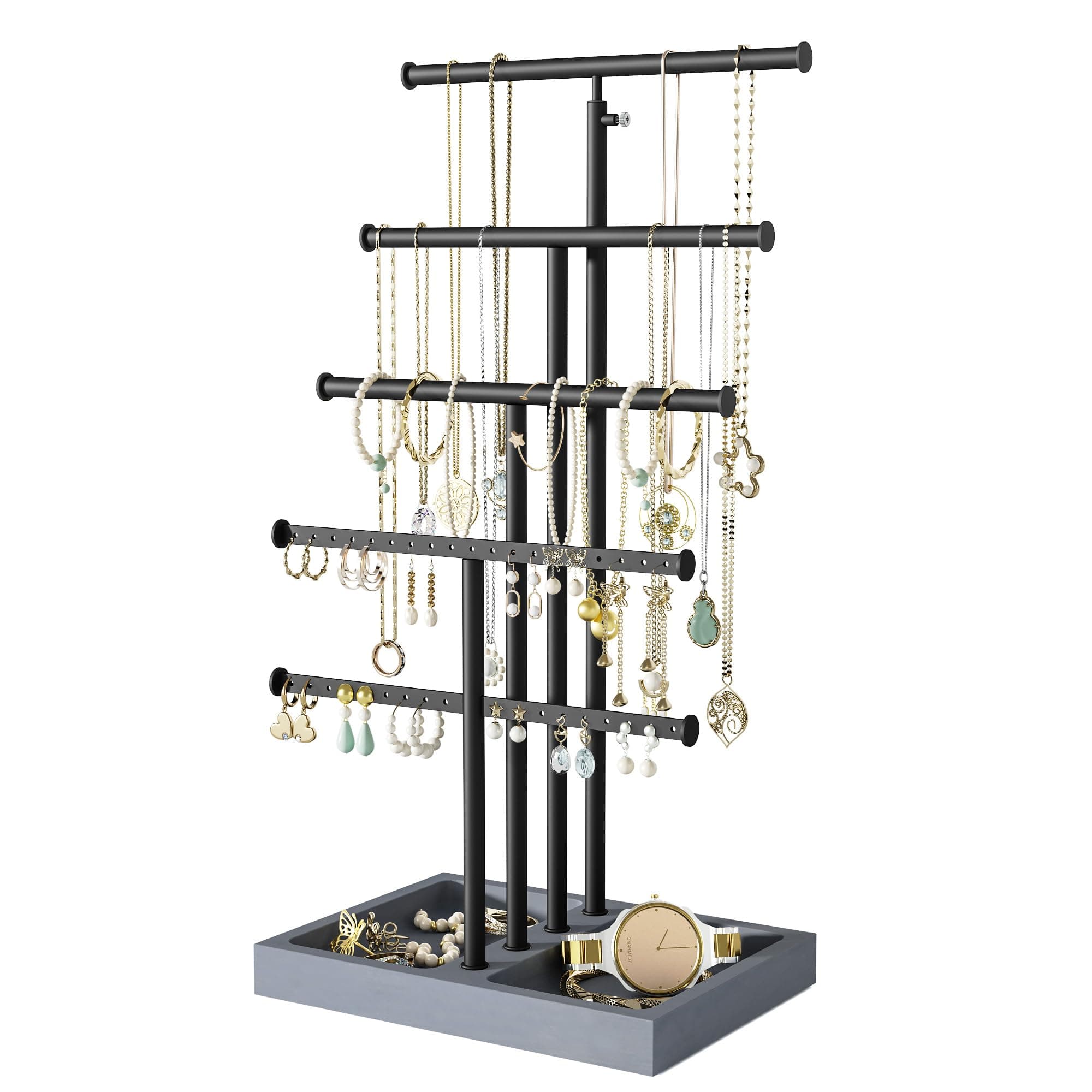 Love-KANKEI Jewelry Organizer Stand, 5 Tier Large Necklace Holder with Wood Base, Jewelry holder stand Tree for Display, Bracelets Earrings Rings, Height Adjustable Gift Weathered Grey