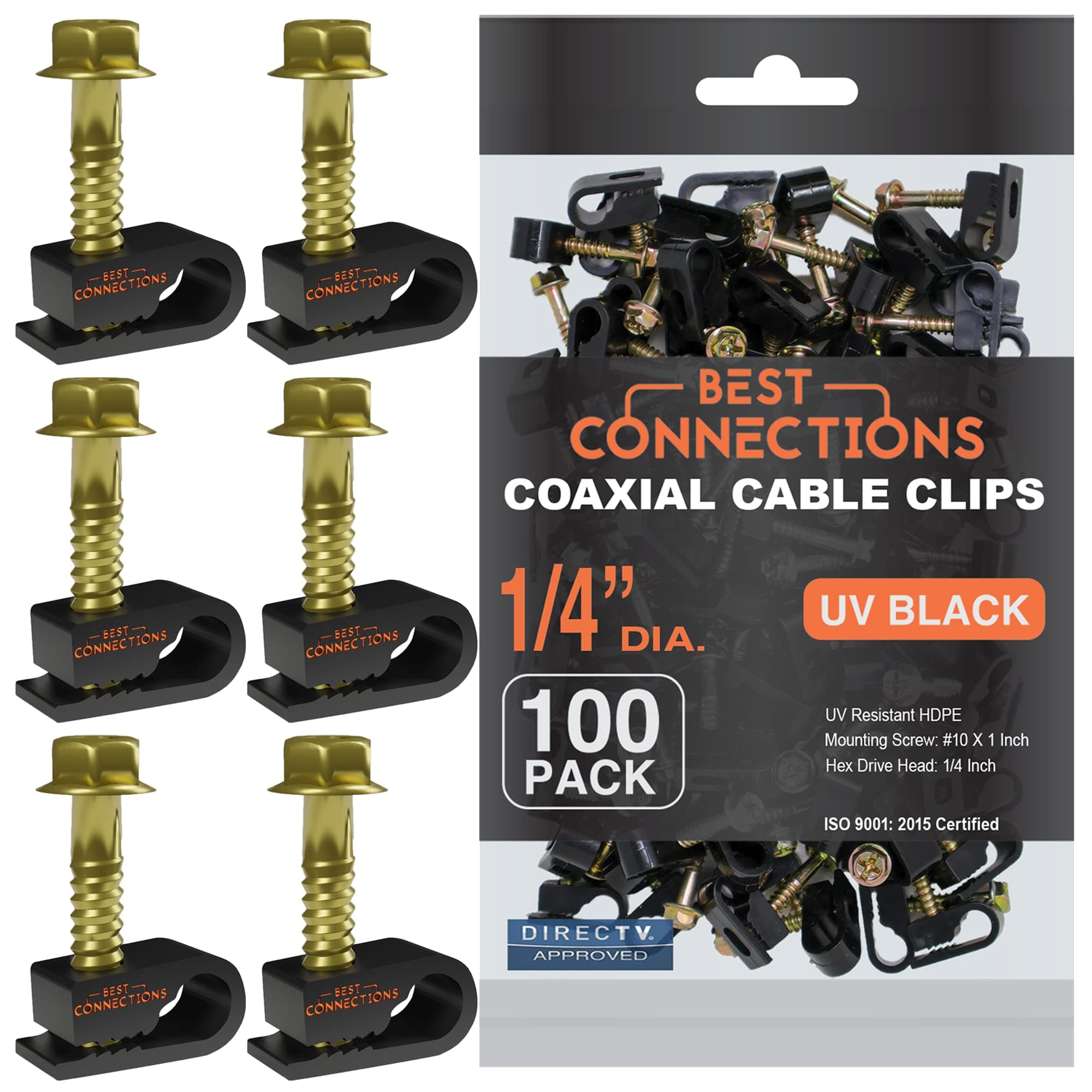 Coaxial Cable Clips with Pre-Inserted Screw (100 Pack) – Black Single Cable Mounting Clamps for Coax Cable (RG6, RG59) and Ethernet Cable – Cord Fastener/Strain Relief Clip