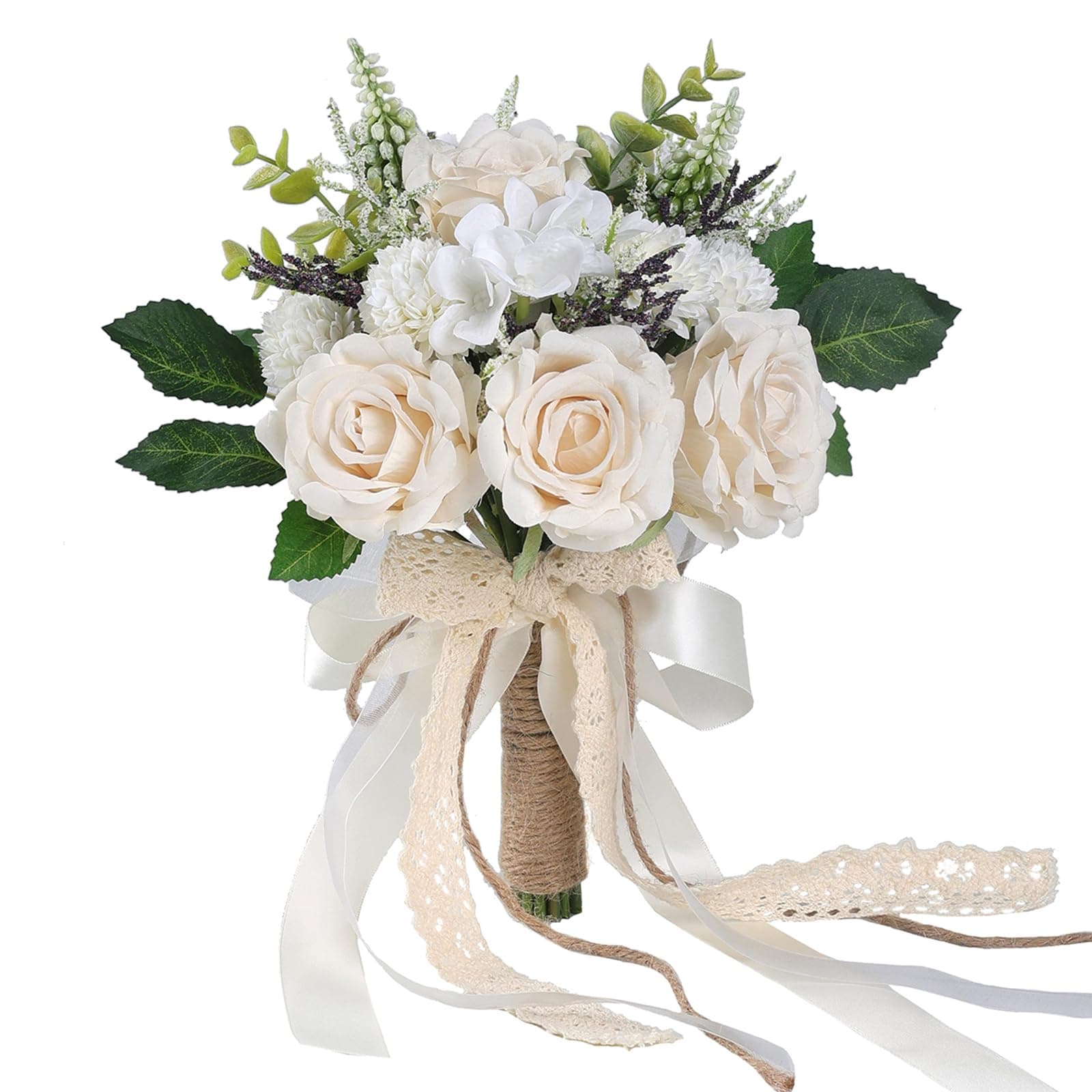 Wedding Bouquets for Bride Bridesmaid,White Champagne Artificial Roses Flowers for Wedding Church Decoration (7.5in)