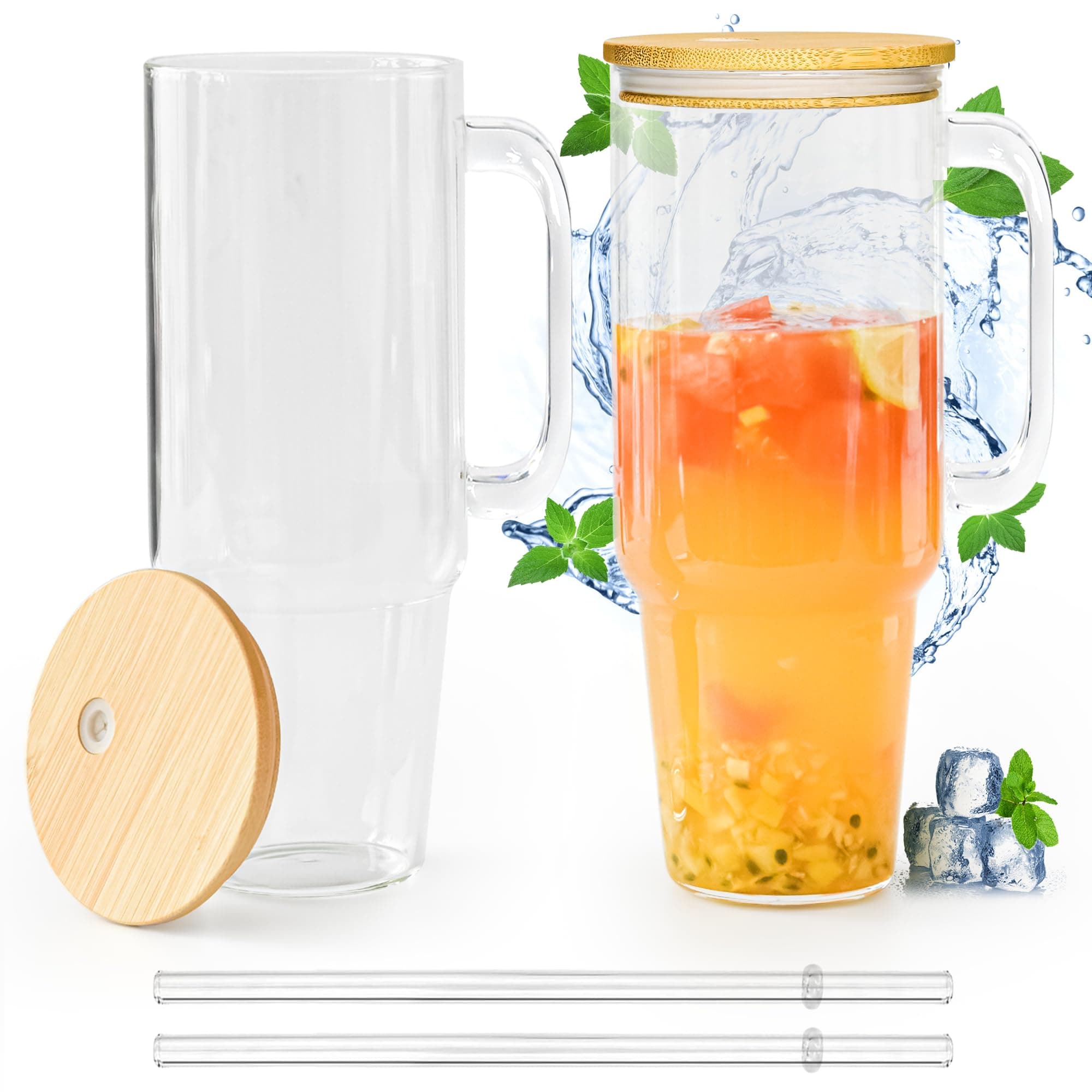 Glass Cups with Lids and Straws 40 oz Glass Tumbler with Straw and Lid 2 Pack Glass Tumbler with Handle Wide Mouth Iced Coffee Cups for Smoothies, Soda, Tea, with Bamboo Lids