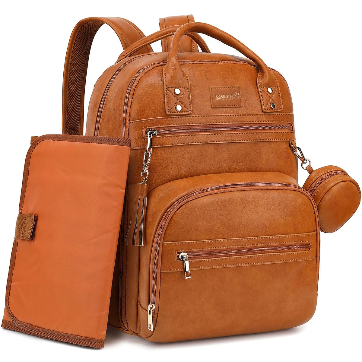 Vegan Leather Baby Changing Bag Backpack, Large Waterproof Nappy Baby Bag for Mum & Dad – Multifunction Diaper Bag with Changing Mat, Buggy Clips & Dummy Holder, Brown