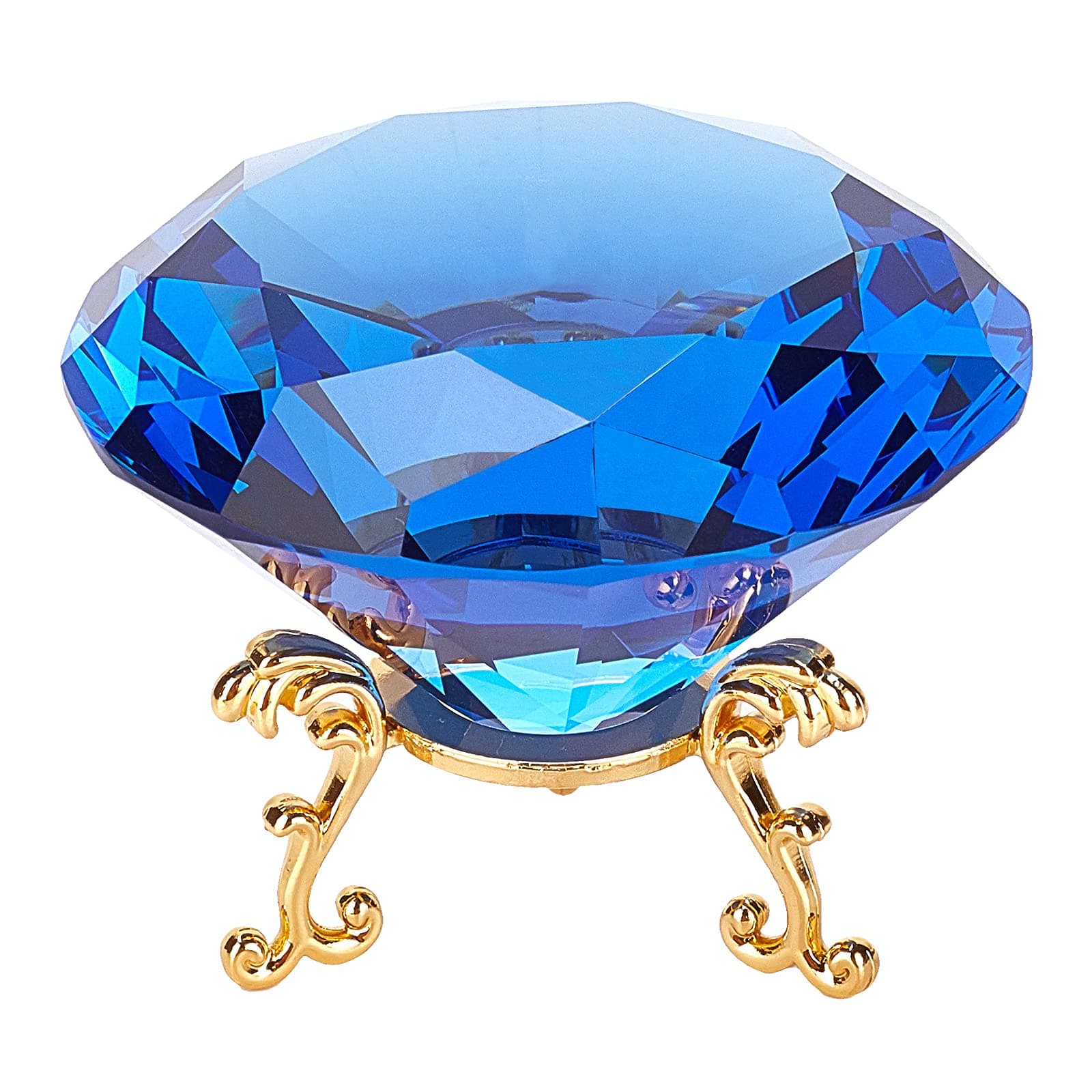 AHANDMAKER Large Crystal Diamond Paperweight, Blue Crystal Diamond with Silver Iron Stand Jewels Wedding Decorations Centerpieces Home Decor, 3.15"
