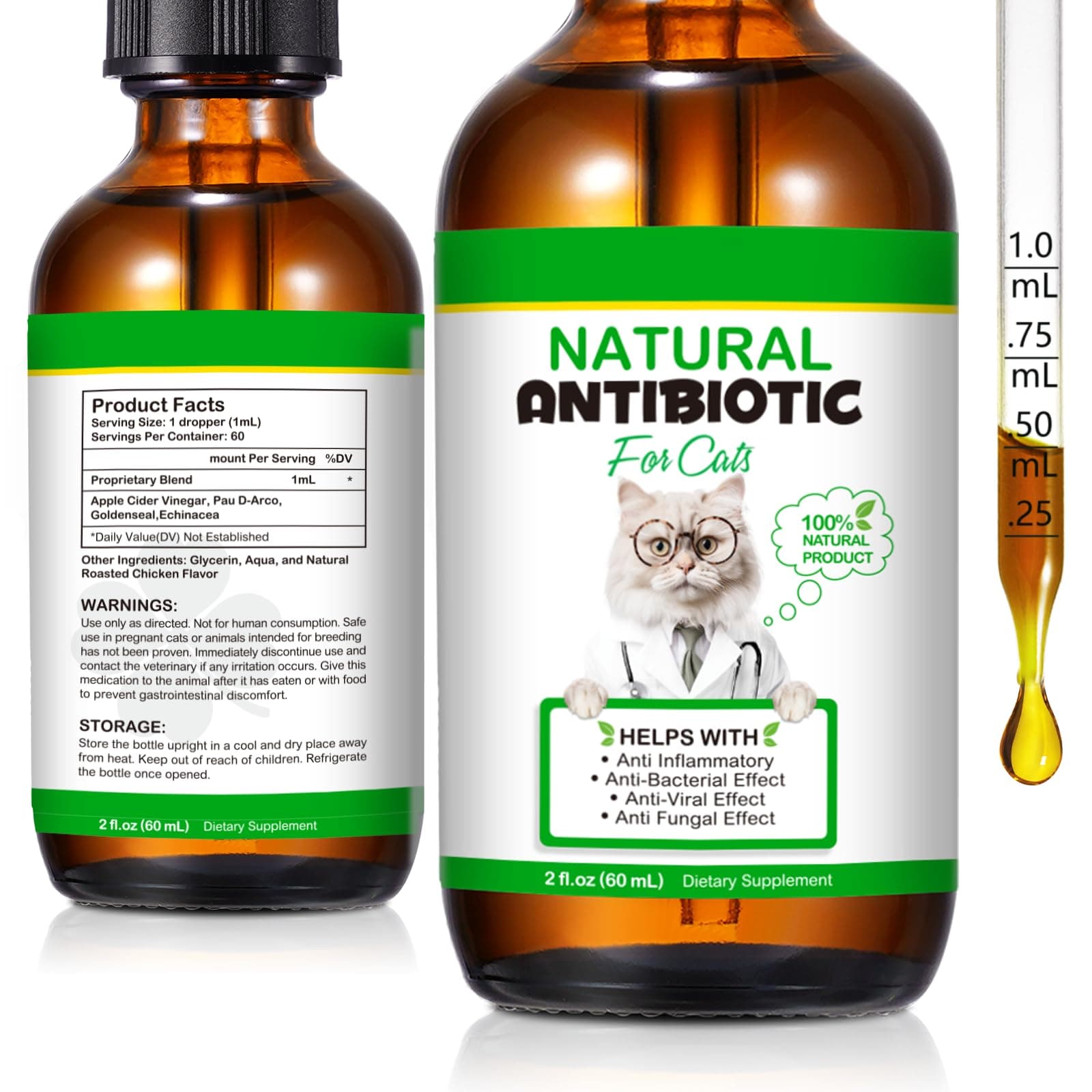 Antibiotics for Cats, 2 Oz Natural Cat Antibiotics Supports for UTI Cat Immune Support, Cat Multivitamin, Cat Itch Relief, Cat Allergy Support, Chicken Flavor, GOLD
