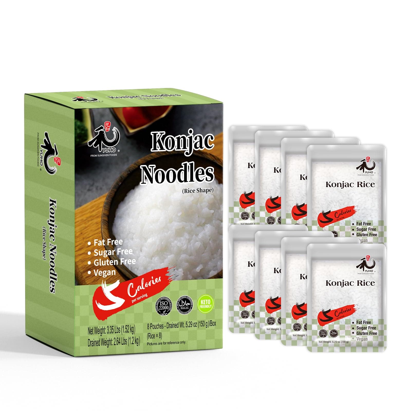 YUHO Shirataki Konjac Rice, 8 x 150 g, Vegan Food Gluten-Free Rice