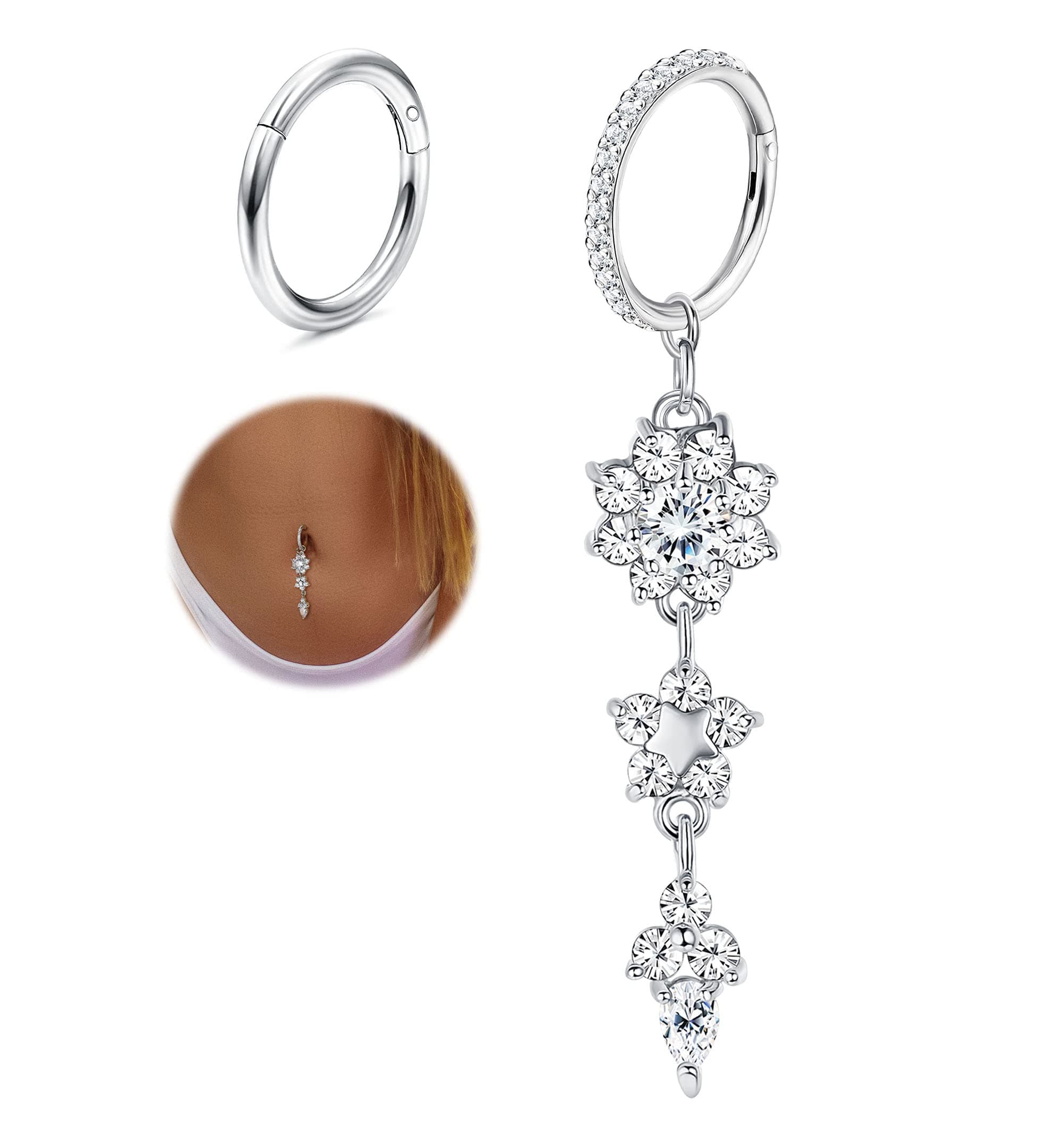 2Pcs Belly Button Rings for Women Surgical Stainless Steel Clicker Belly Rings Hoop CZ Heart Butterfly Dangle Navel Rings Belly Piercing Jewelry Silver Tone 14G