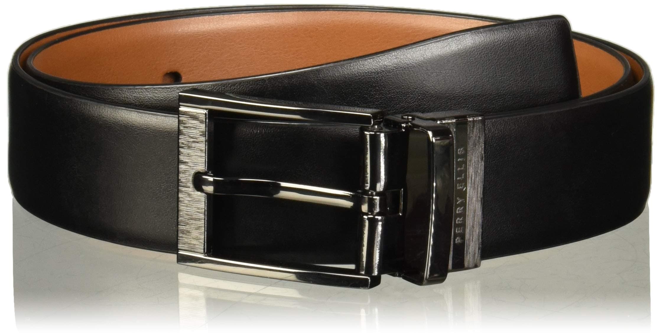 Perry Ellis Portfolio Feather Edge Leather Men's Belt, Reversible with Etched Buckle, Soft Touch Material