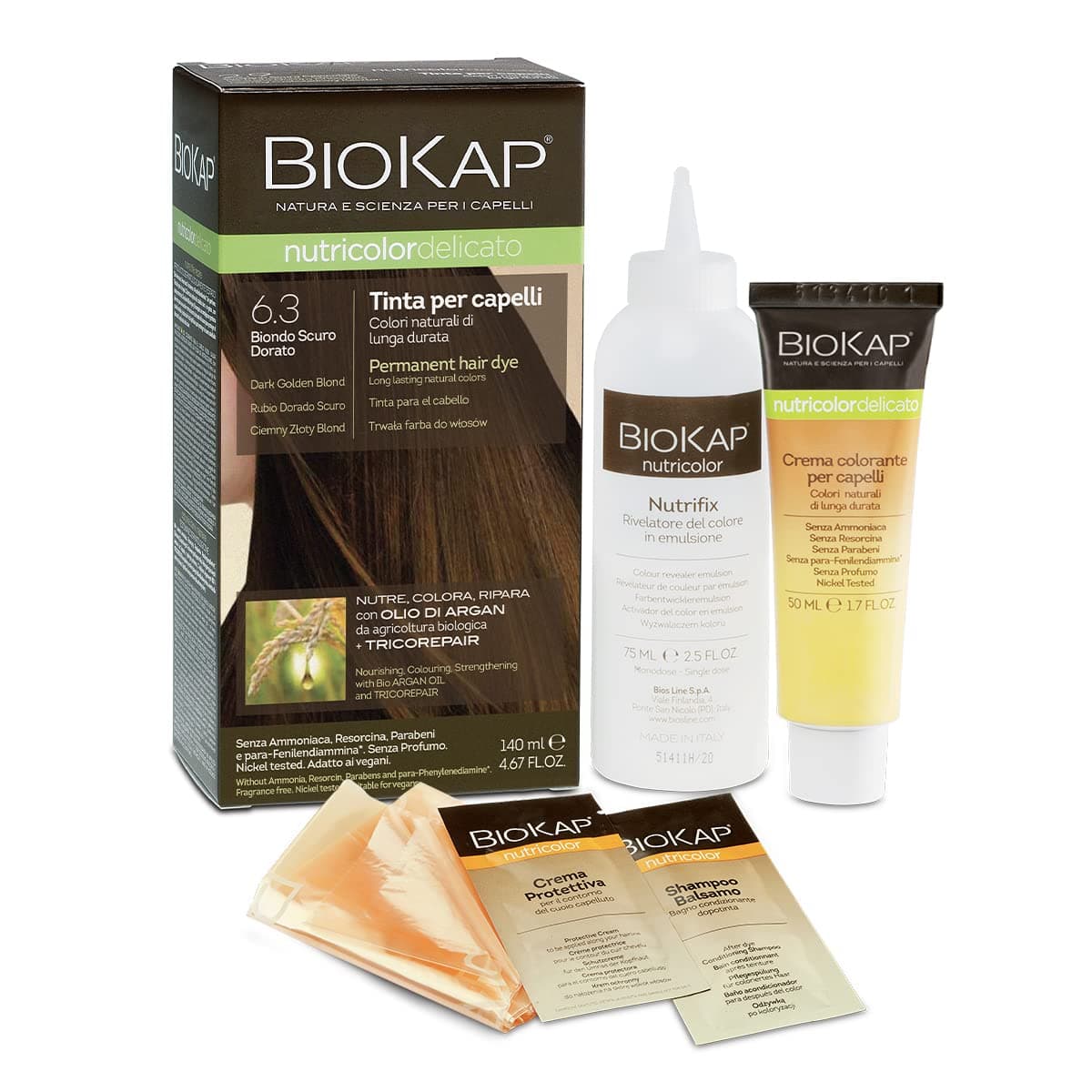 Permanent hair dye by BIOKAP, long lasting natural hair color for 100% gray hair coverage with TRICOREPAIR complex, 4.67 Ounce (Pack of 1), one treatment, Dark Golden Blonde 6.3