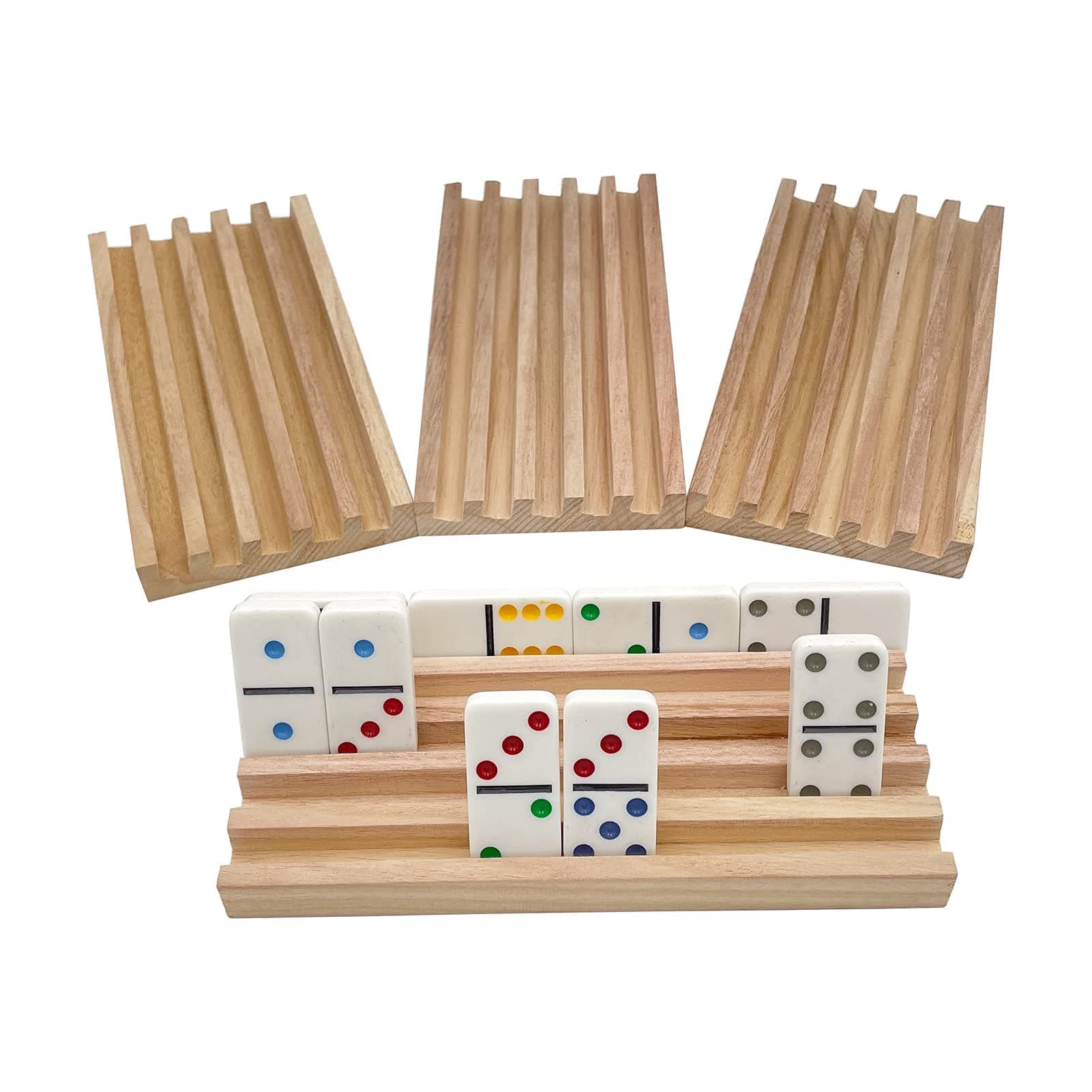 Natural Wood Domino Racks, Domino Tiles Holders,Domino Trays Set of 4 for Mexican Train Chickenfoot and Other Dominoes Games