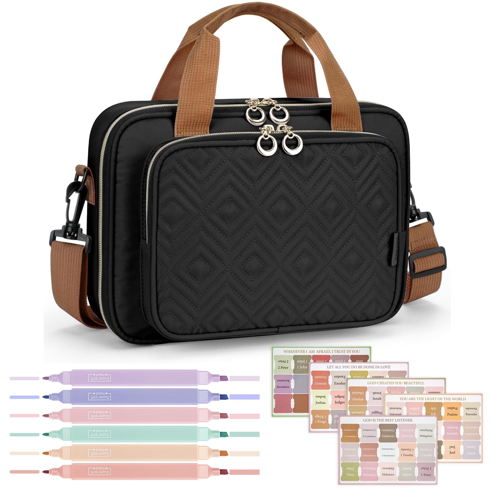 Heouvo Bible Cover Case for Women, Large Bible Bag Carrying Case with Shoulder Strap, Bible Study Supplies Bible Journaling Kit Book Carrying Case with Bible Highlighters Tabs Gift for Lady (Black)