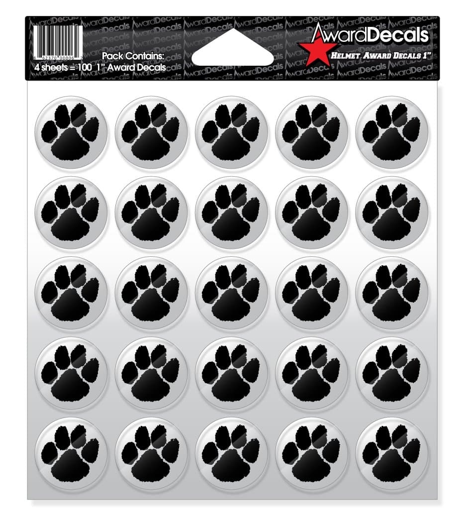 Award Decals Paw (Black on Clear) Sticker Set (100 Decals) 1" The Original Award Decals Premium 20mil Thick Helmet Decals Made in The USA Since 1976
