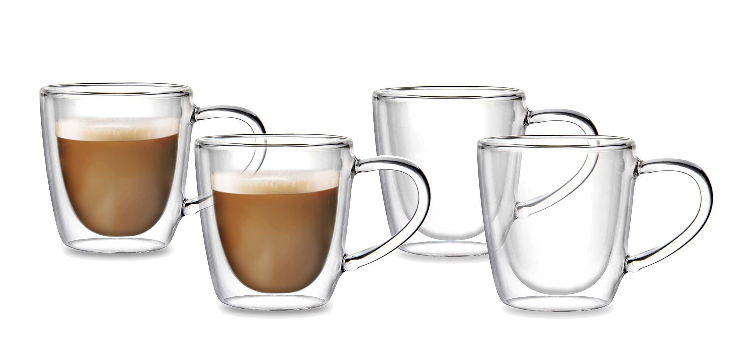 Double Walled Thermo Glasses with Handles, 4 x 150ml Cups with Floating Effect for Tea, White Coffee, Latte, Cappuccino The glasses / mugs are hand made of the highest quality.