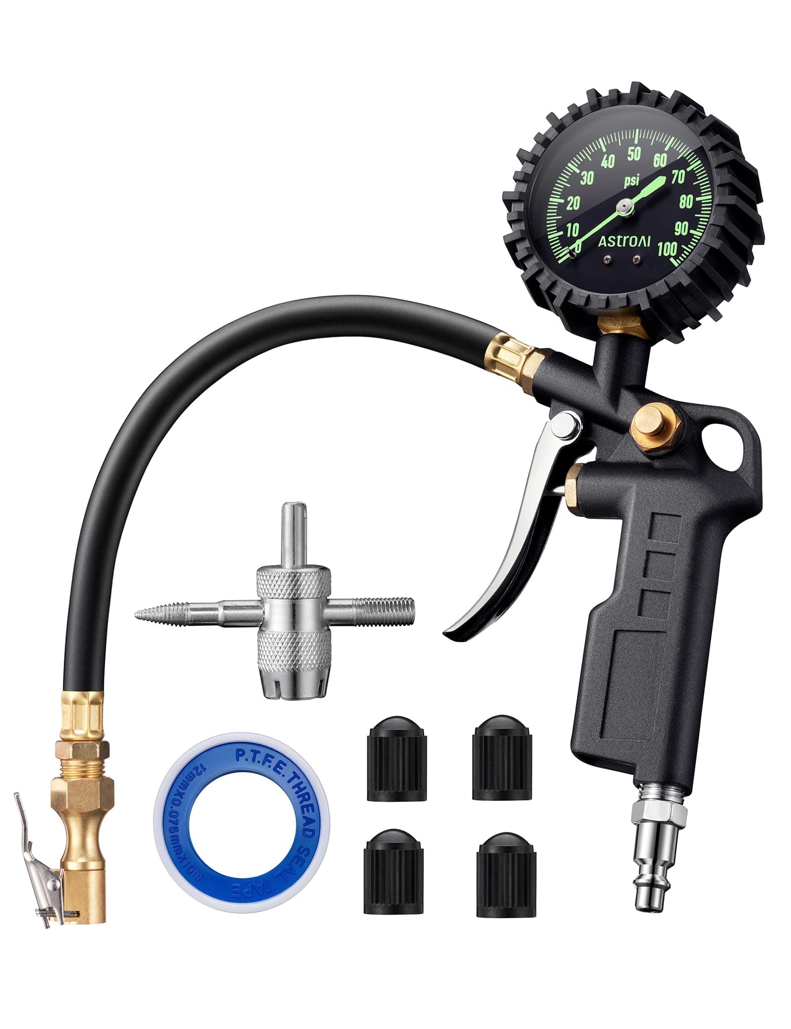 Tire Inflator with Pressure Gauge, 100 PSI Air Chuck and Compressor Accessories Heavy Duty with Large 2.5" Easy Read Glow Dial, Durable Rubber Hose and Quick Connect Coupler