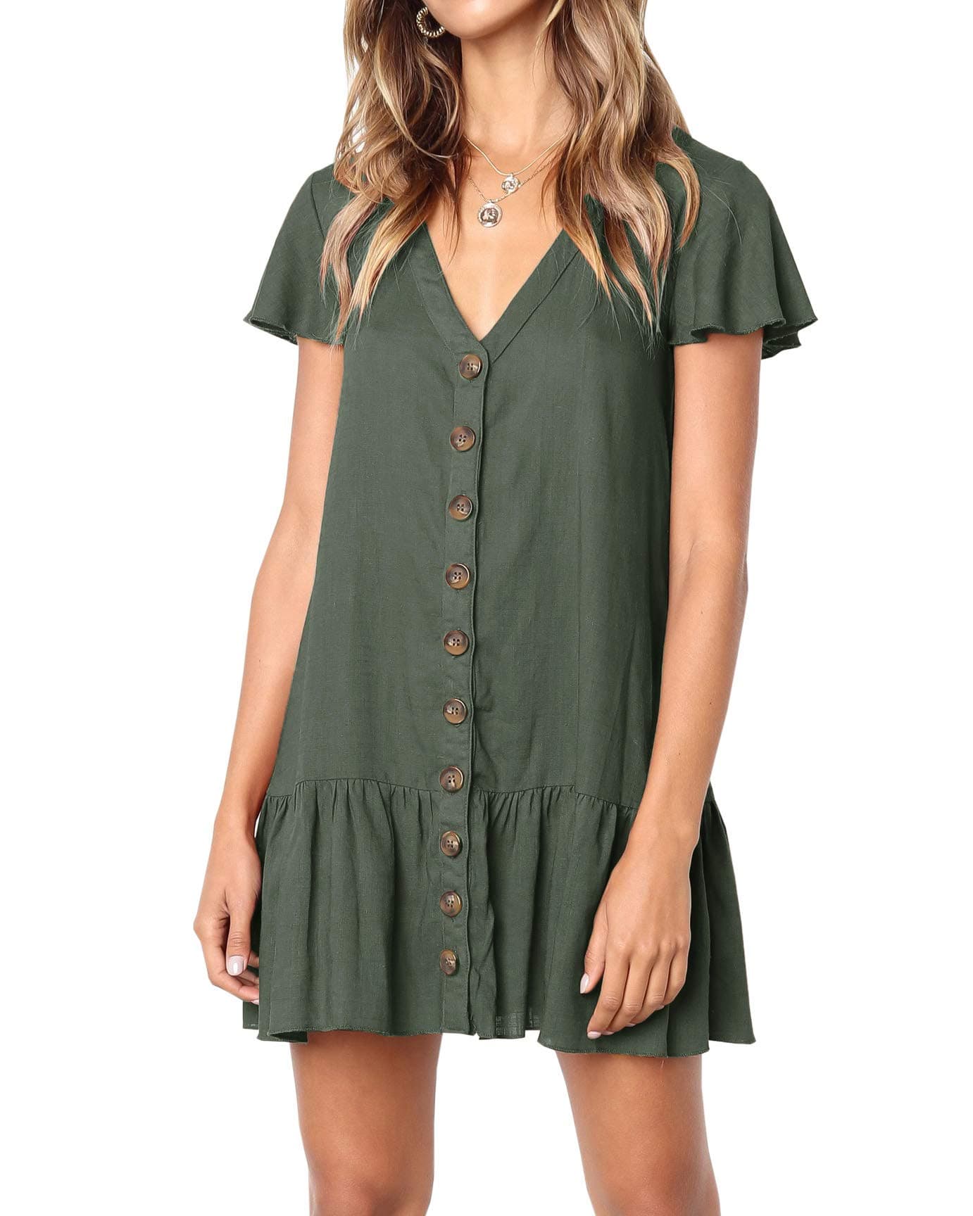 Huiyuzhi Womens V Neck Button Down Shirt Dresses Long Sleeve Ruffles Midi Skater Dress