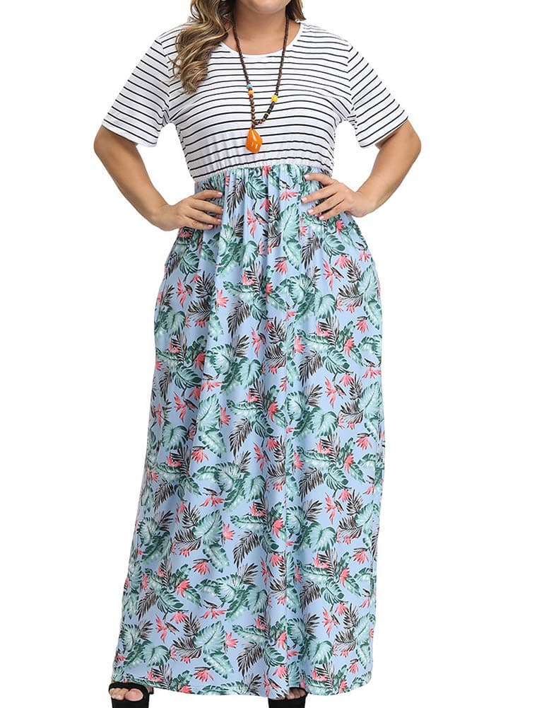 ALLEGRACE Women Plus Size Dress Summer Boho Short Sleeve Casual Party Beach Maxi Dresses P47 Light Banana Leaf SkyBlue 1X