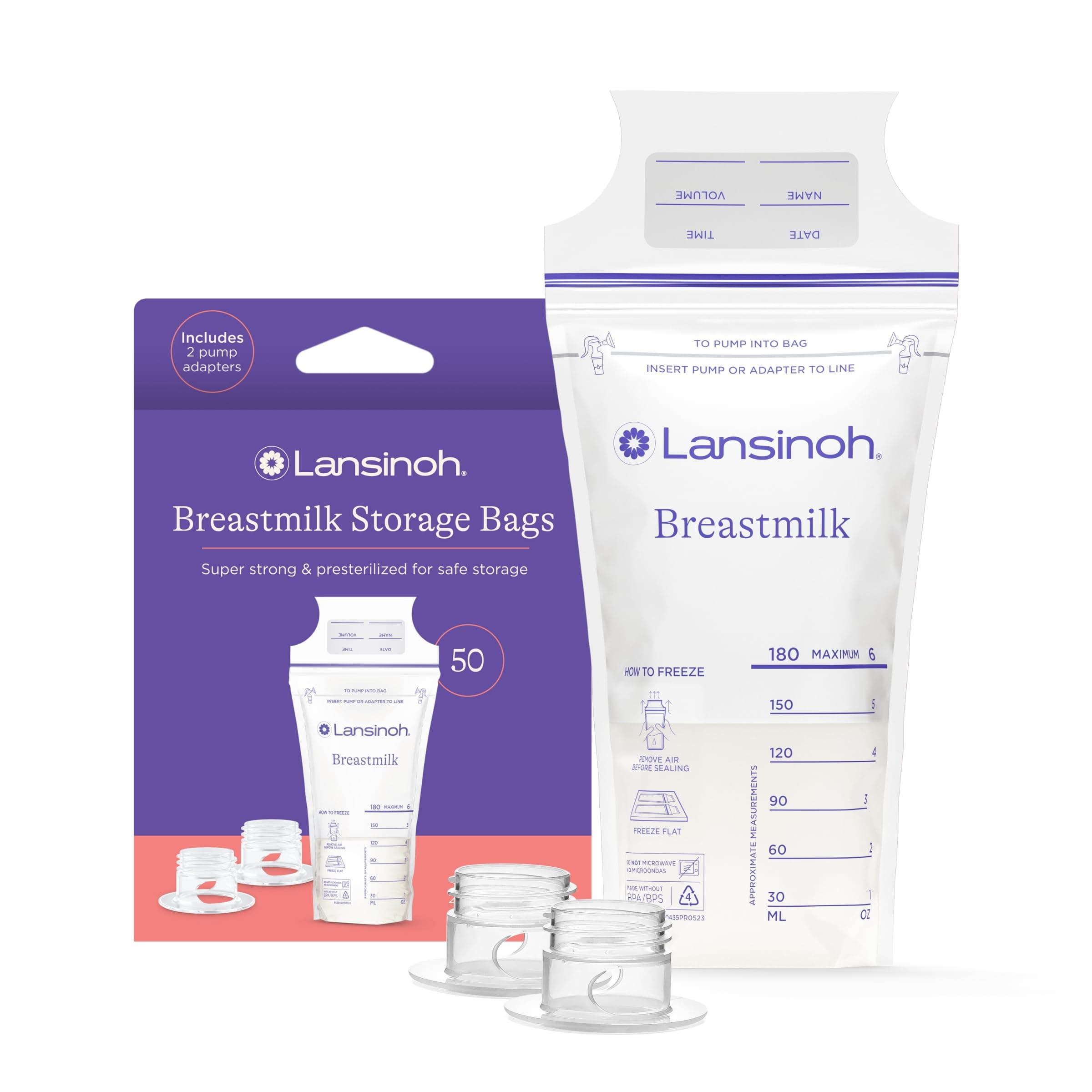 Lansinoh Breastmilk Storage Bags with Pump Adapters for Bags, 50 count