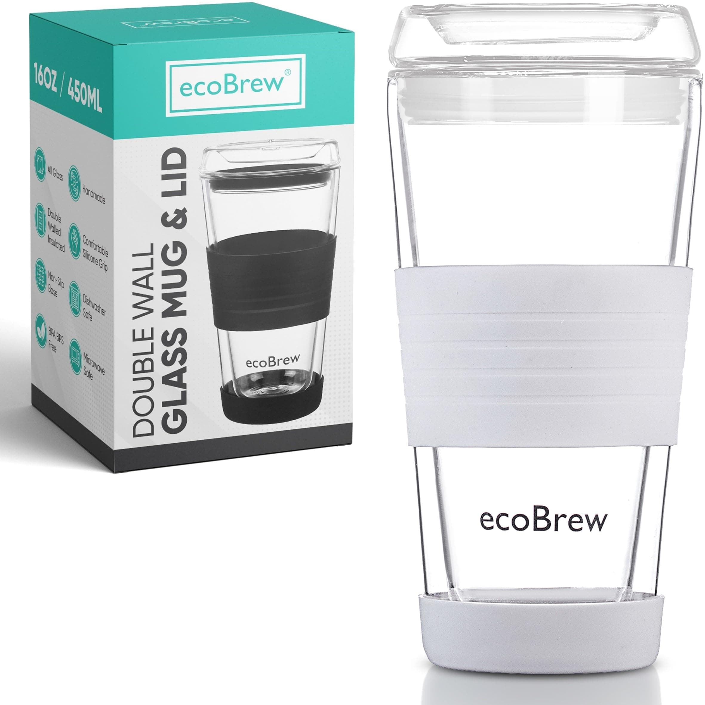 Glass Reusable Coffee Cups | Double Walled Insulated Cup for Hot and Cold Drinks | 16oz / 450ml Eco-Friendly Travel Coffee Mug with Lid | Grey