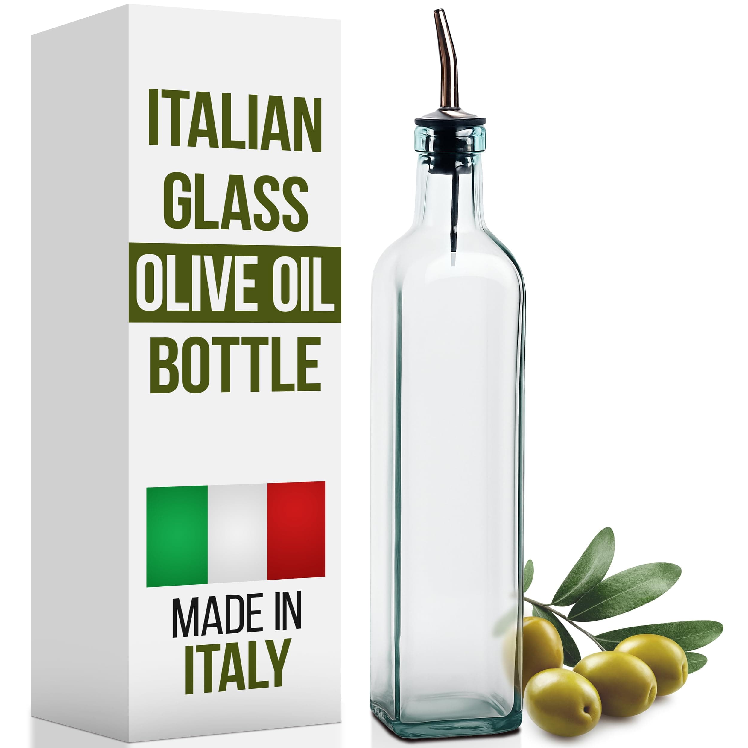 EHOMEA2Z Italian Glass Oil And Vinegar Cruet 16 Oz, Olive Oil Dispenser With Stainless Steel Spout, Slight Green Tint (1, 16 Oz), 473 ML