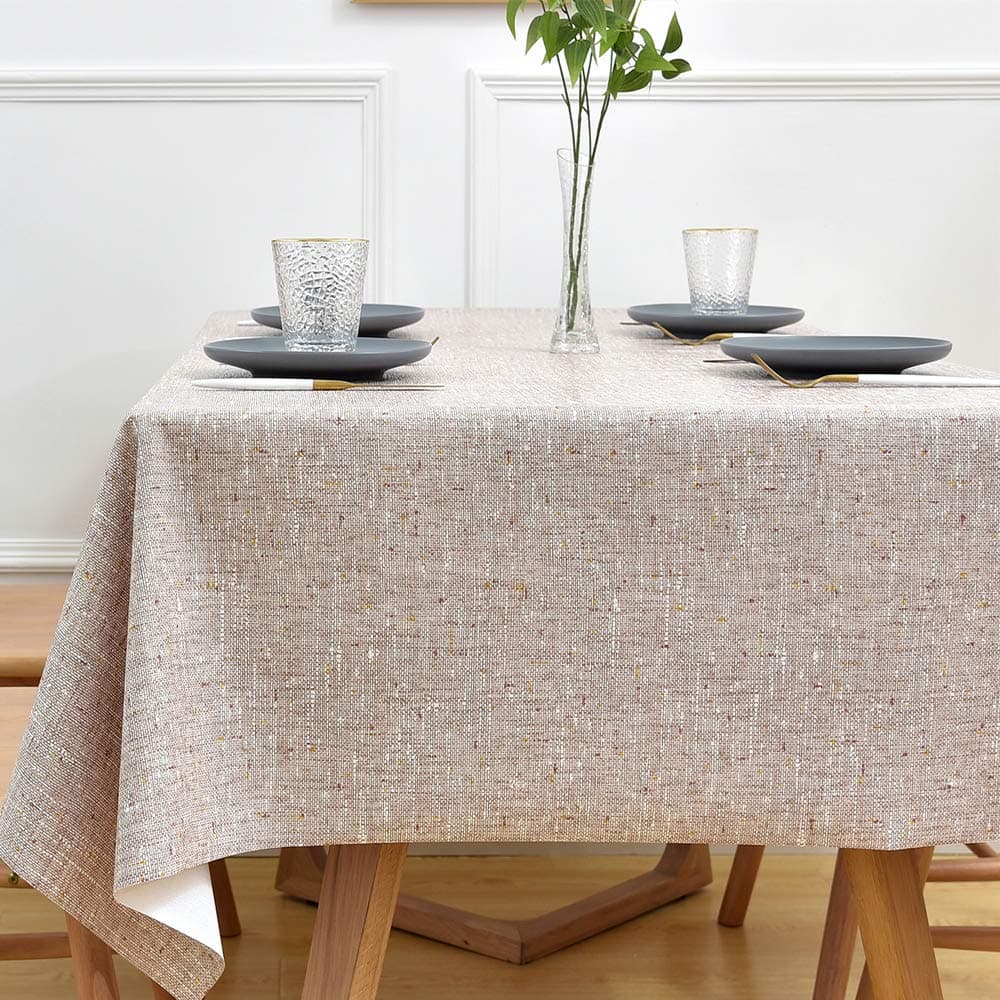 PVC Table Cloth Wipeable Plastic Tablecloth for Rectangle Table Wipe Clean Waterproof Table Cover for Kitchen Dining Outdoor (137x220cm, Beige)