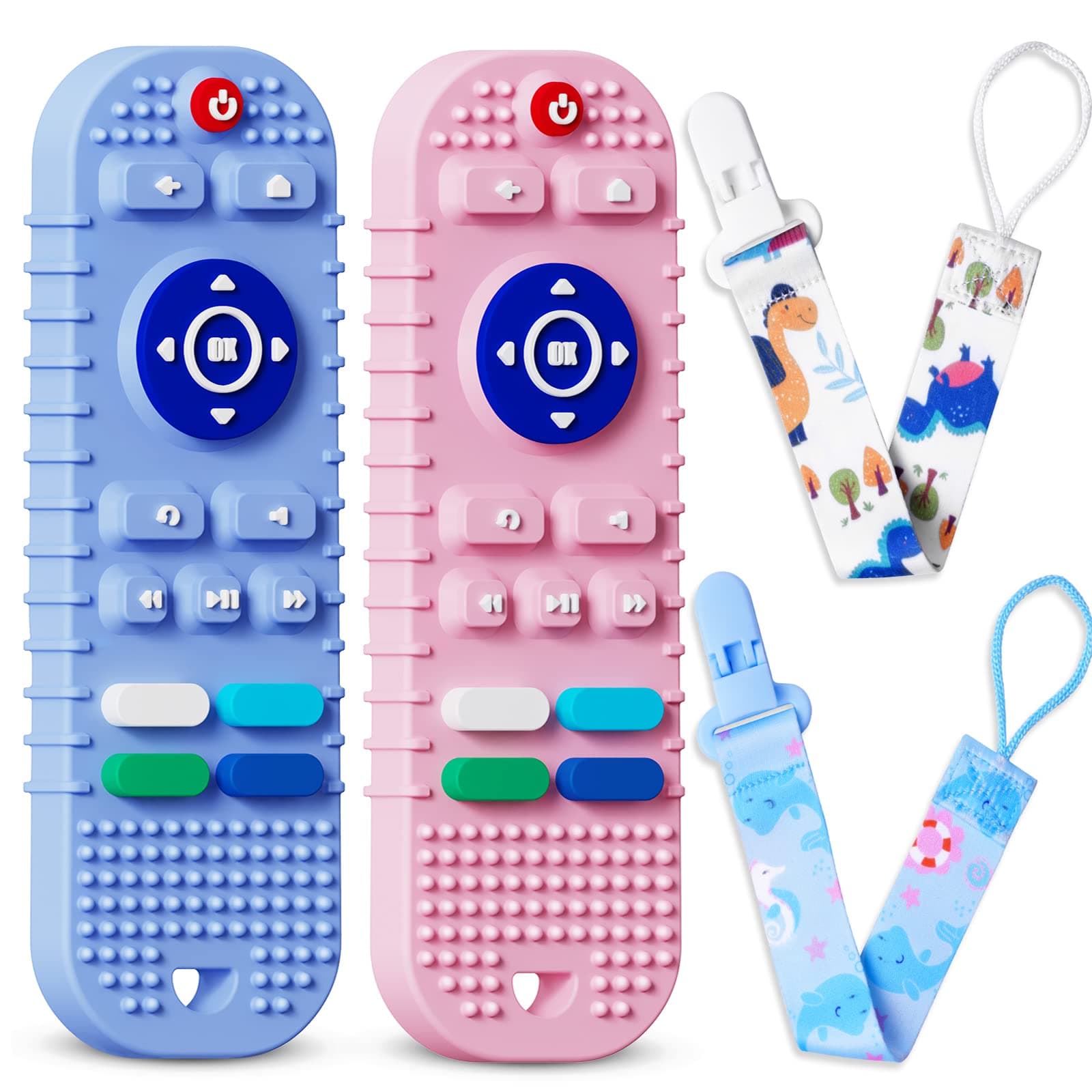 2 Pack Silicone Baby Teething Toys, Remote Control Shape Teething Toys for Babies 6-12 Months, BPA Free Baby Teethers Relief Soothe Toys, Baby Chewing Toys for Toddlers - Pink & Blue