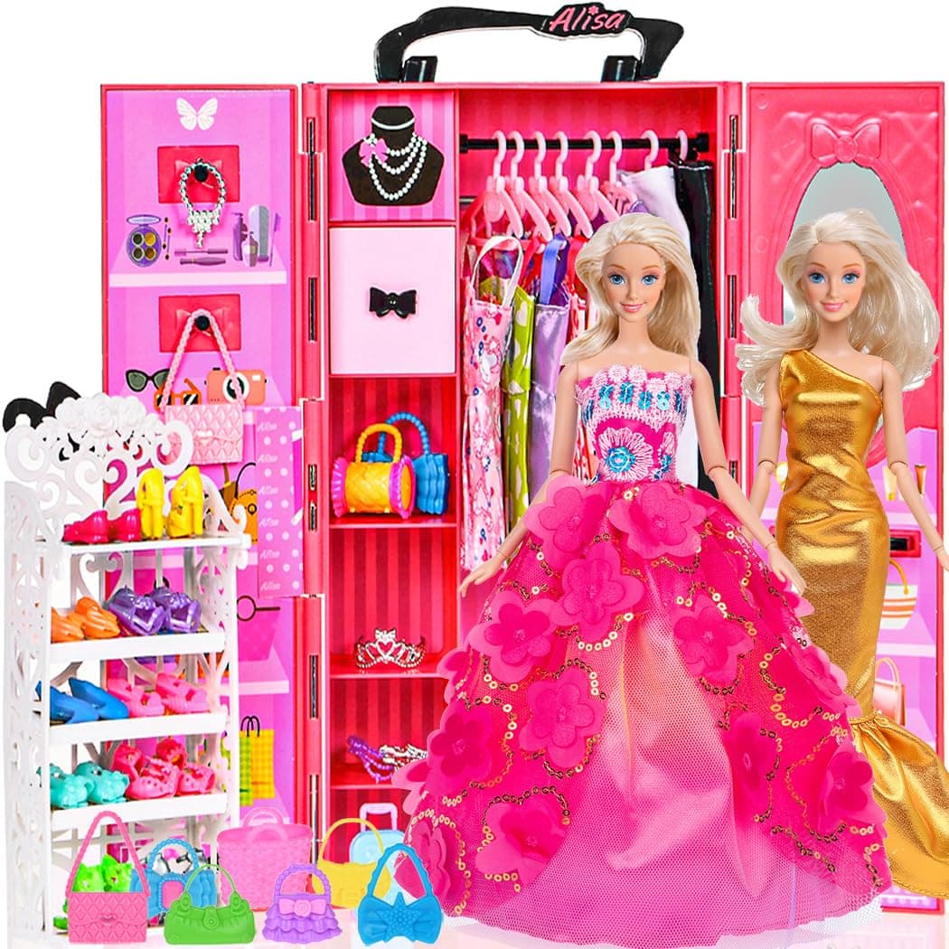 105 Pcs Doll and Closet Plyaset- Wardrobe Set Including One Doll,Wardrobe, Shoes Rack, Dress, Shoes Hangers, Necklace