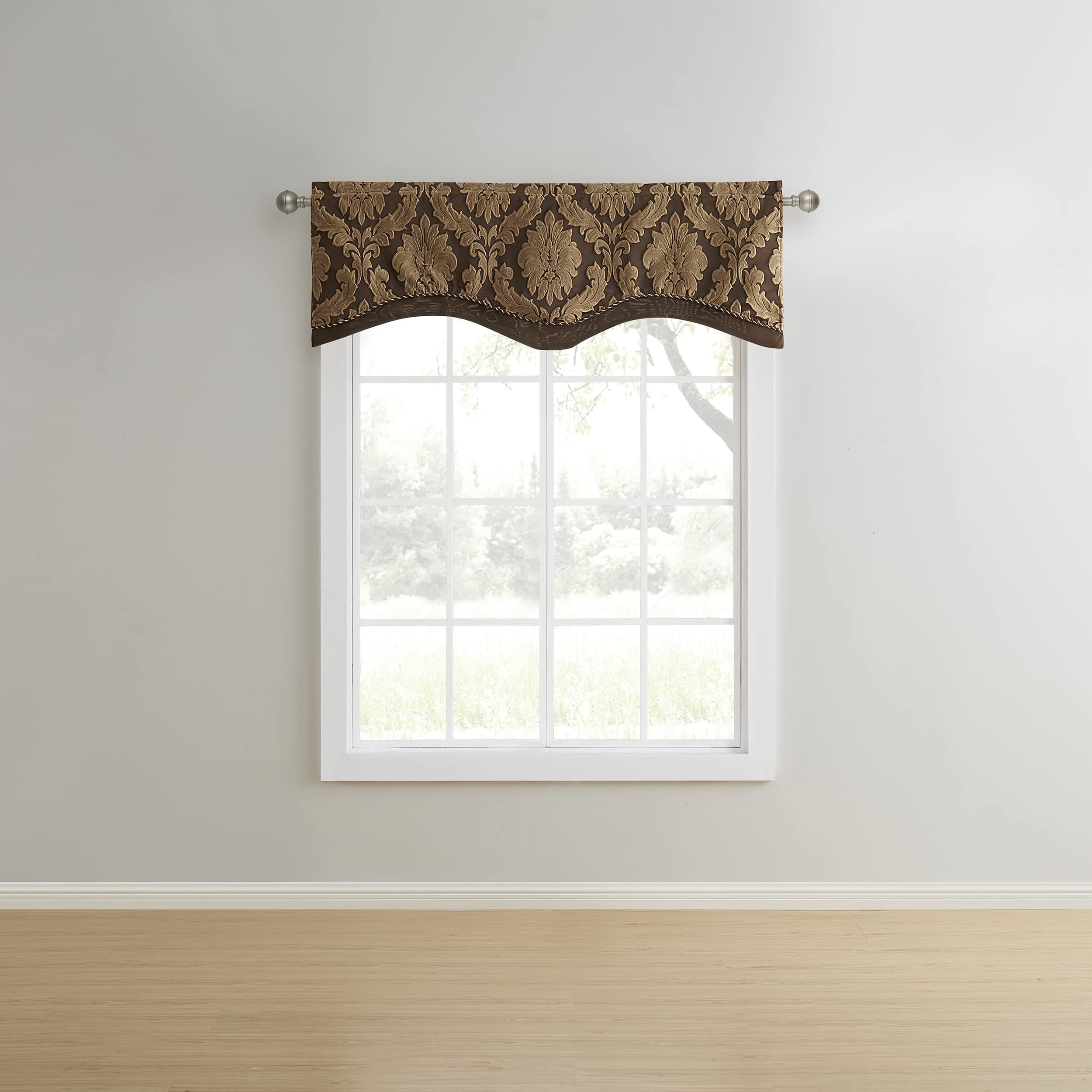 Renaissance Home Fashion Darby Layered Scalloped Valance with Cording, Café, 50 by 17-Inch