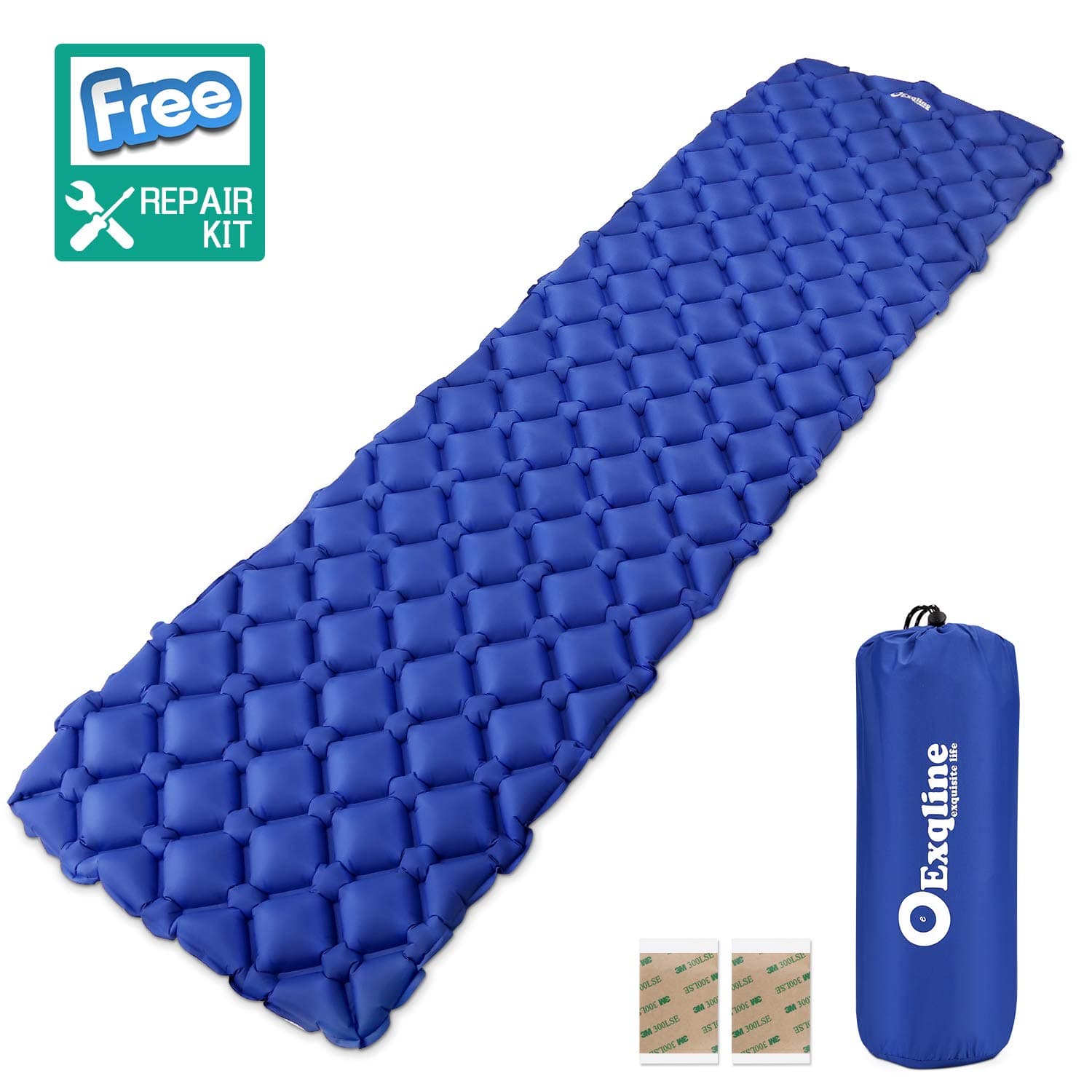 Exqline Inflatable Sleeping Mat Ultralight Sleeping Pad Lightweight Air Camping Mattress with Repair Kits Inflatable Roll Mat Tent Pad for Outdoor Backpacking, Hiking and Traveling Blue