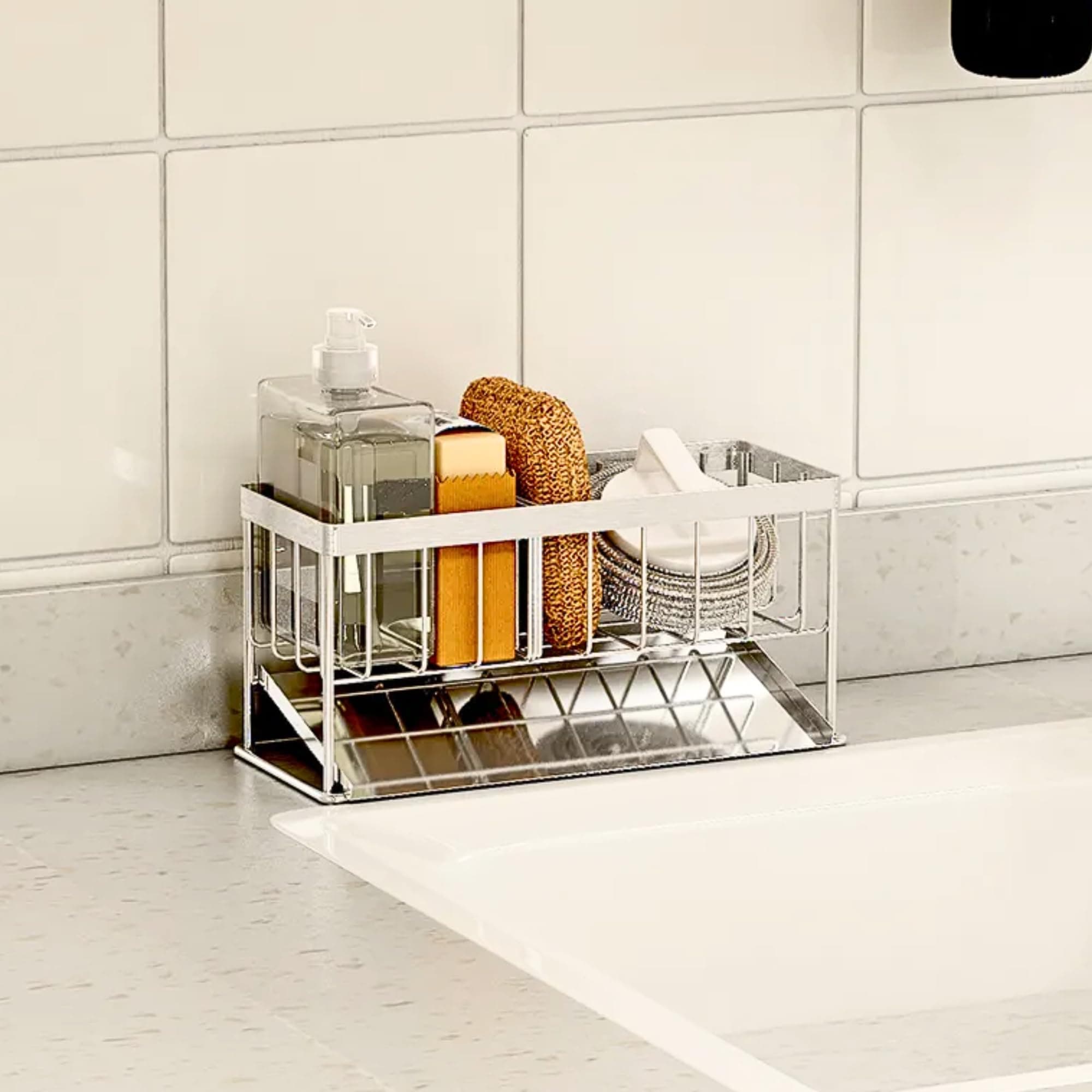 Kitchen Sink Stainless Steel Dish Sponge Holder with Drain Tray Caddy, Sink Sponge Soap Brush Scrubbers Holder, Freestanding, Countertop or Wall-Mounted (Stainless Steel)