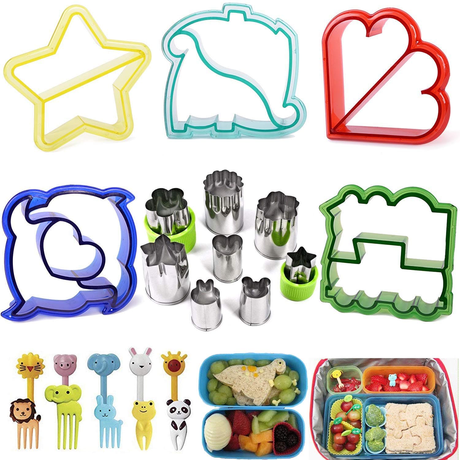 Sandwich Cutters for Children Vegetables Fruits Cutter Shapes 23 Sets for Kids - 5PCS Sandwich cutters - Dinosaur Dolphin Train Stars Heart,8PCS Stainless Steel Cutters with 10PCS Food Picks by Iindes