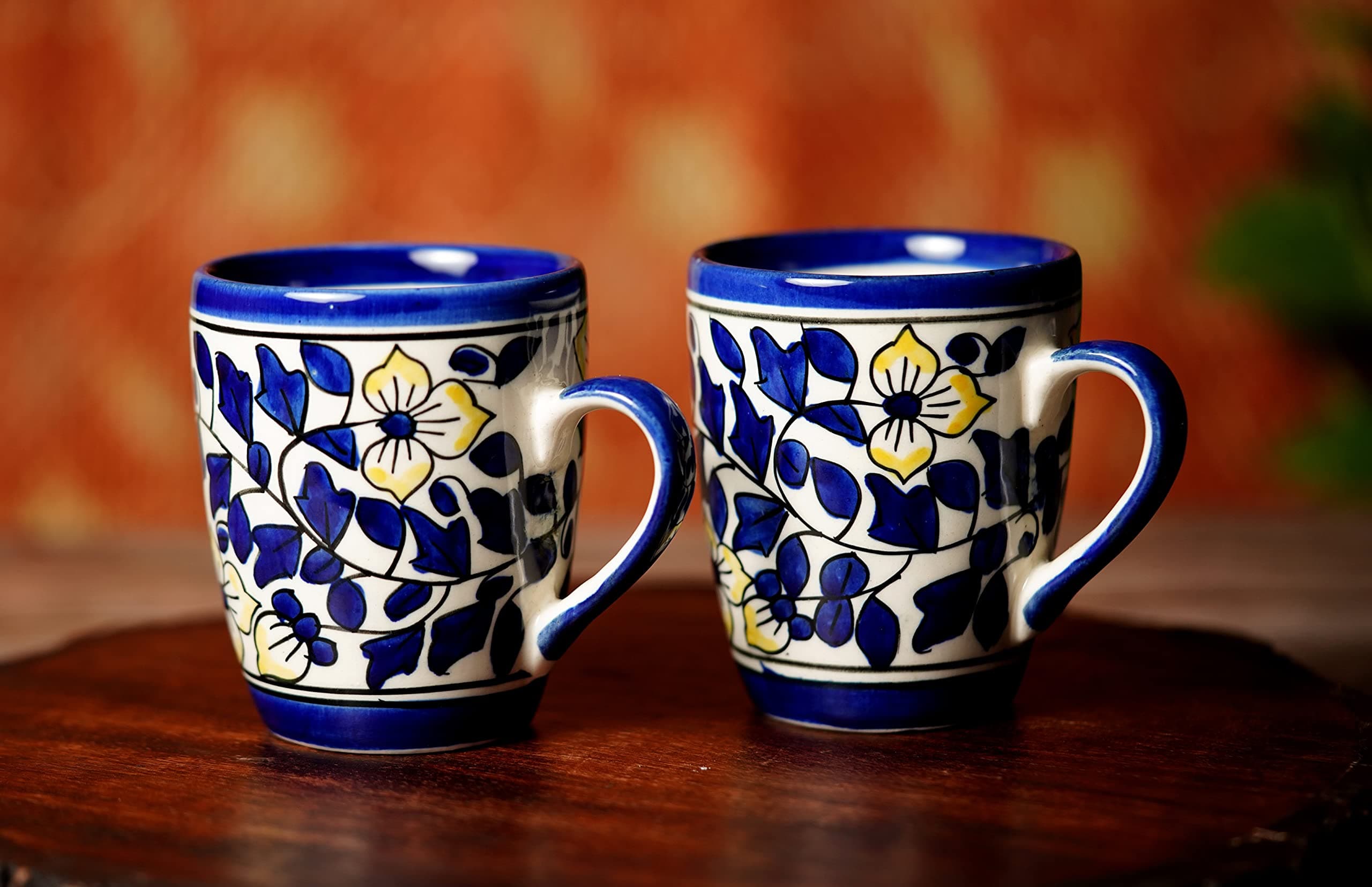 Freakway Floral Art Handcarfted Ceramic Tea Cups/Ceramic Coffee Mugs Set of 2 (250 ML, Microwave & Dishwasher Safe) - Tea Mugs Ceramic Mugs Milk Mug Coffee Cup Drinkware_Blue & White