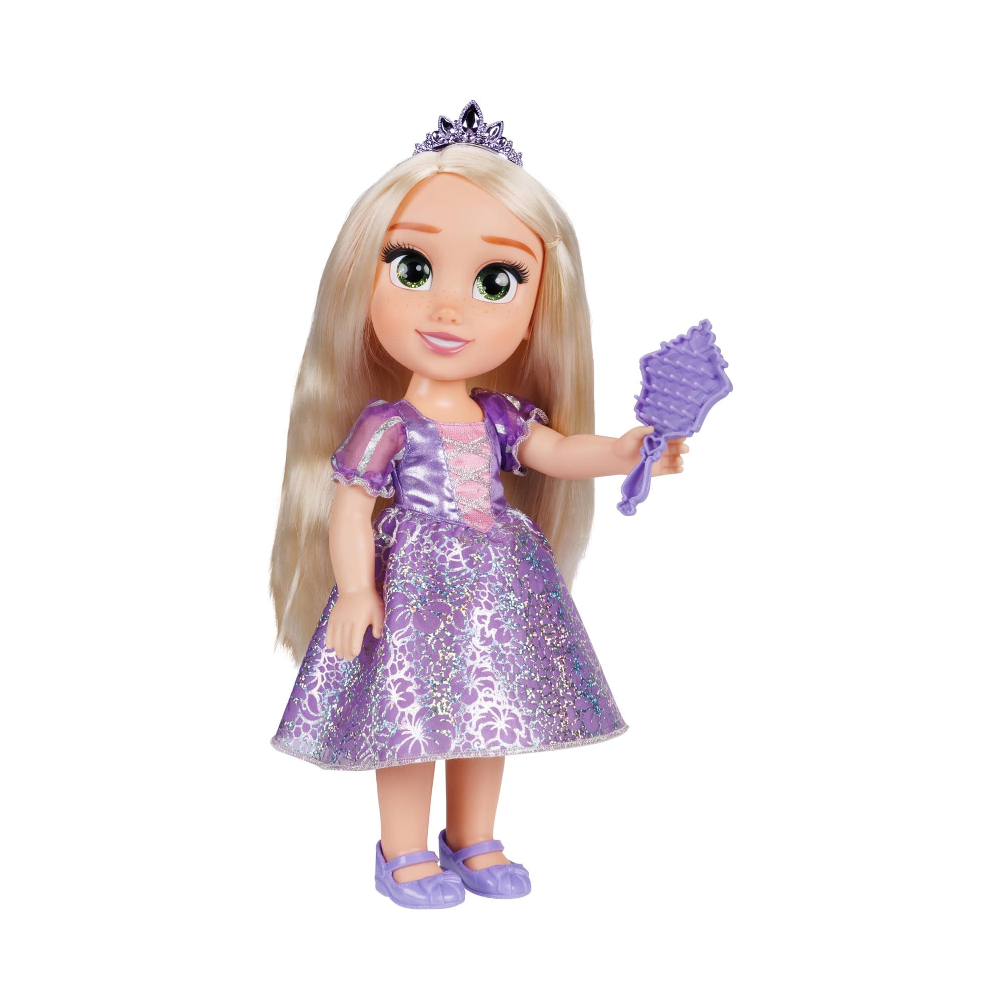 Disney Princess Rapunzel Fashion Doll, 14” / 35cm Tall Doll with Royal Reflection Eyes Includes Shimmery Platinum Holofoil Printed Removable Dress, Shoes, Tiara and Brush, Perfect for Girls Ages 3+