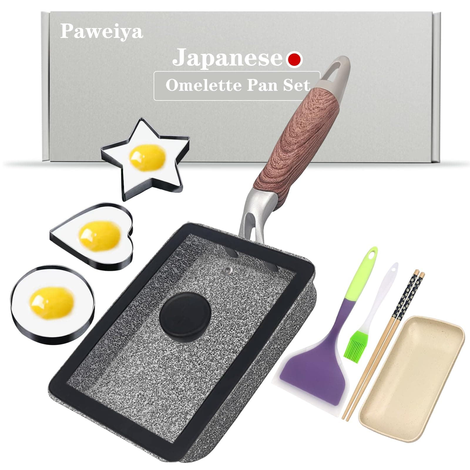 Tamagoyaki Pan Set with Lid, Japanese Omelette Pan Nonstick, Square Japanese Egg Pan, 7"×5" Grey