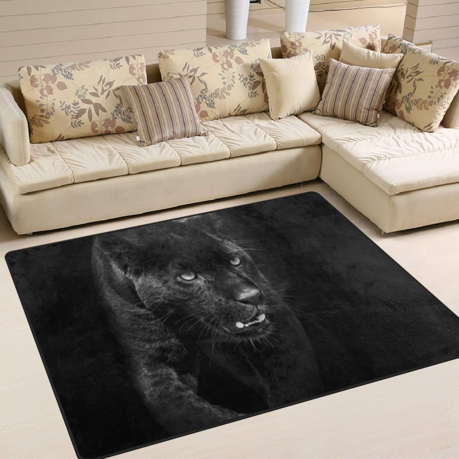 Black Large Area Rugs 5'3" x 4',Panther in Dark Printed,Lightweight Non Slip Floor Carpet for Living Room Bedroom Home Deck Patio