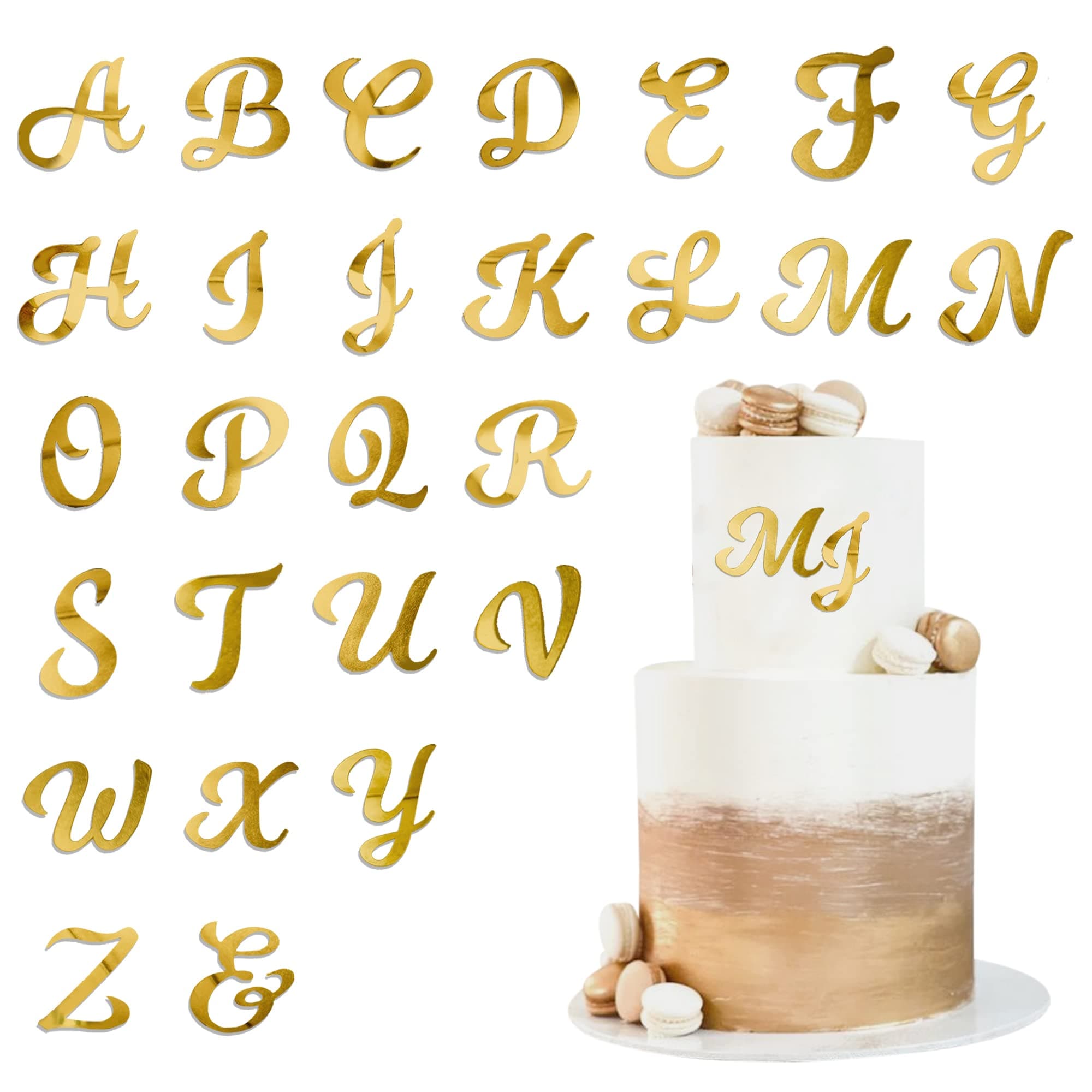Acrylic Alphabet Cake Topper DIY Personalized Name Cupcake Toppers with A-Z Letter Mirrored Gold Picks for Custom Wedding Cake Decorations Baby Shower Happy Birthday Party Supplies (Uppercase)