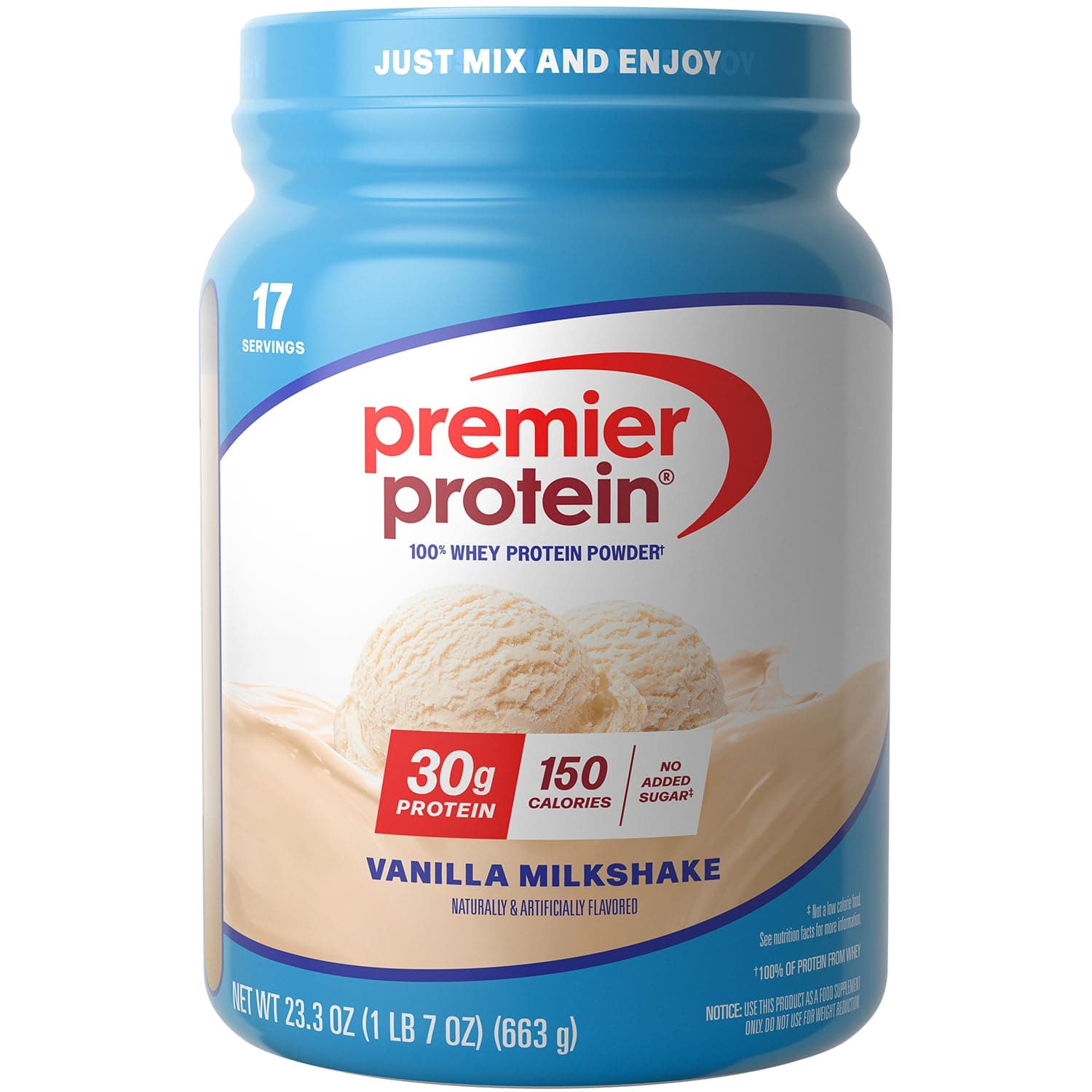 Premier Protein Powder, Vanilla Milkshake, 30g Protein, 1g Sugar, 100% Whey Protein, Keto Friendly, No Soy Ingredients, Gluten Free, 17 servings, 23.3 ounces