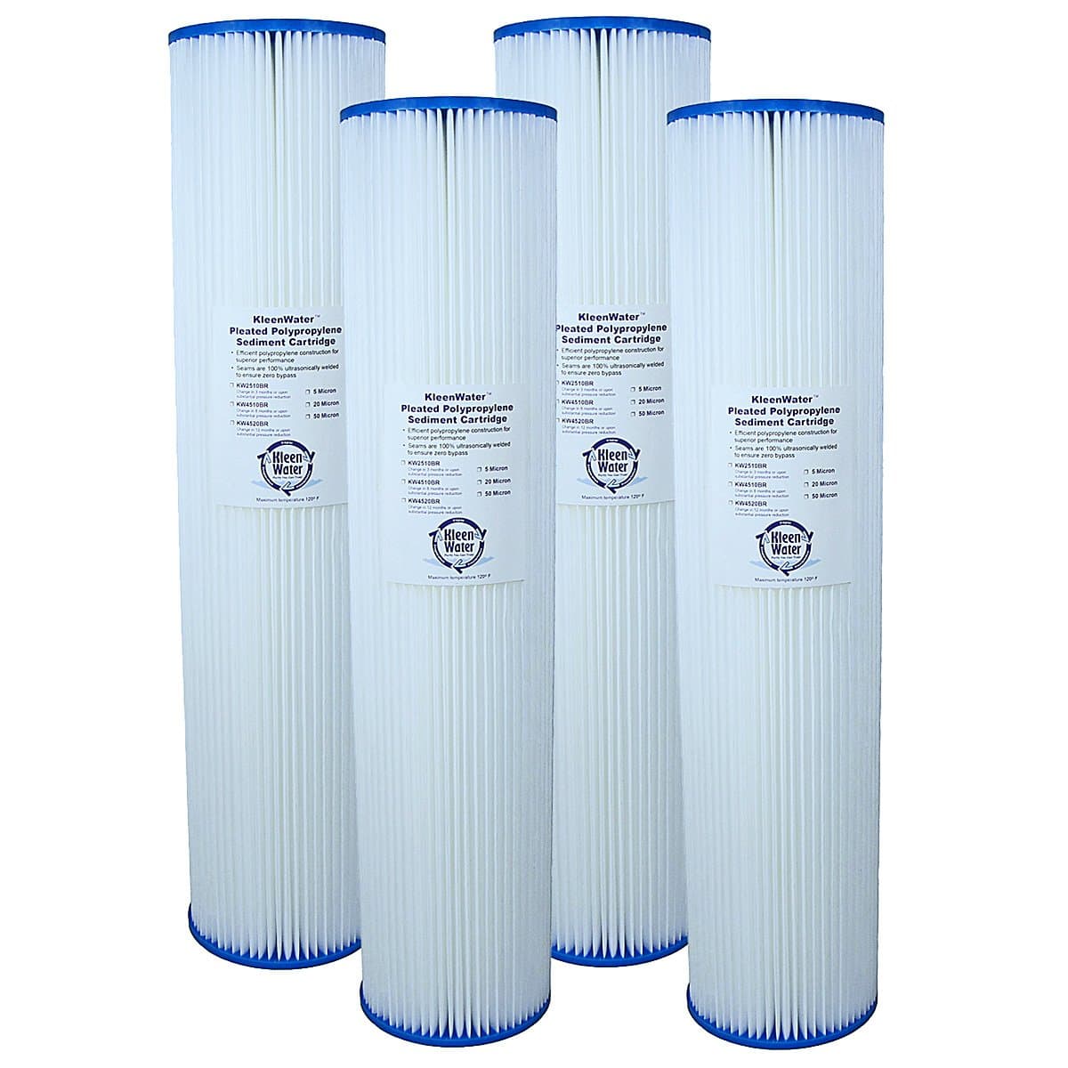 KleenWater KW4520BR Pleated Dirt Rust Sediment Water Filters, Whole House Replacement Cartridges, 4.5 x 20 Inch 5 Micron, Made in USA, Set of 4