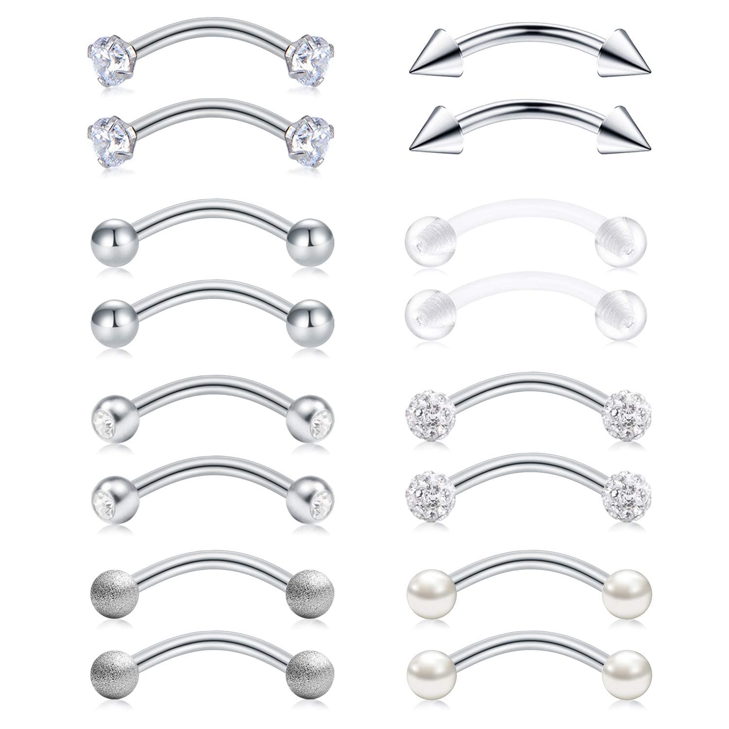 Briana Williams 6pcs Stainless Steel Rook Daith Earrings Belly Lip Ring Eyebrow Studs Cartilage Tragus Cubic Zirconia Barbell Body Piercing 8mm (5/16")