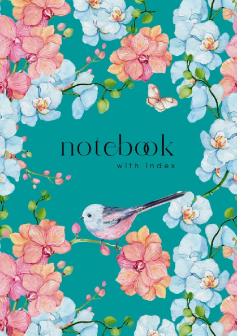 Notebook with Index: A5 Lined-Journal Organizer Medium with A-Z Alphabetical Sections | Watercolor Orchid Flower Bird Design Teal