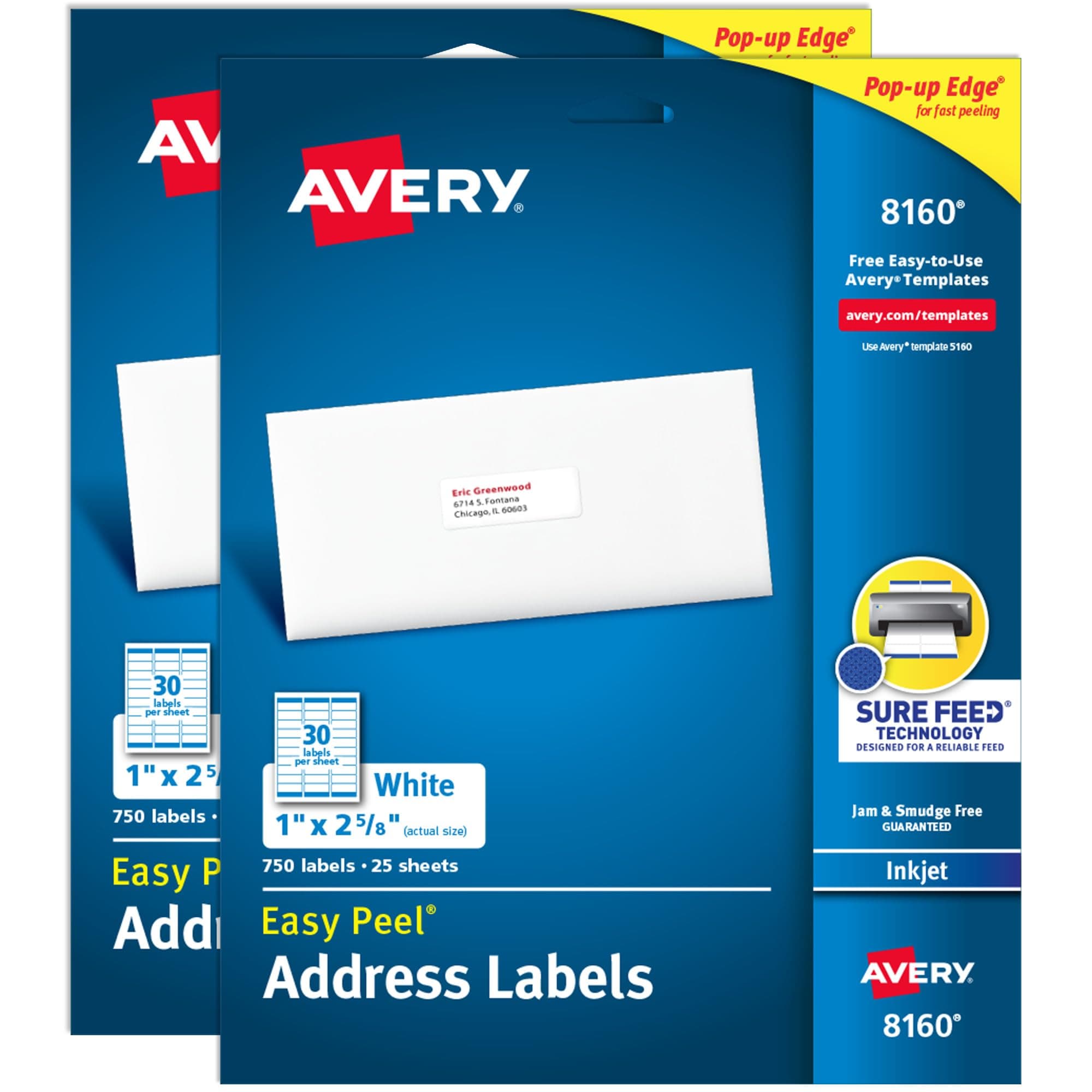 Easy Peel Printable Address Labels with Sure Feed, 1" x 2-5/8" Customizable Stickers, White, 1,500 Blank Mailing Labels, Great for Mailing, Shipping, and More (2-Pack of 08160)