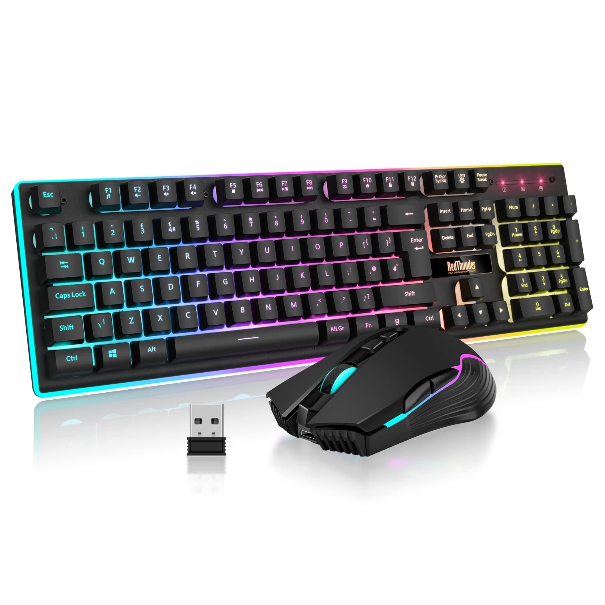 K10 Wireless Gaming Keyboard and Mouse Combo, LED Backlit Rechargeable 3800mAh Battery, UK Layout Mechanical Feel Keyboard + 7D 3200DPI Mice for PC Gamer (Black)