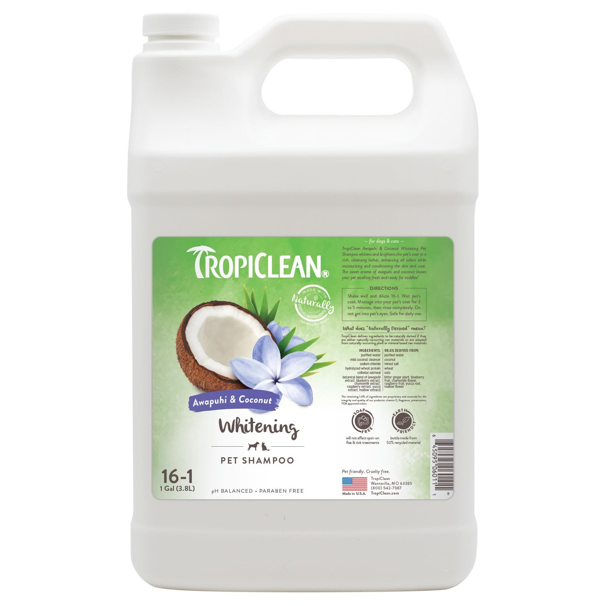 TropiClean Awapuhi & Coconut Whitening Dog Shampoo, 1 Gal - Derived From Natural Ingredients - Made in USA