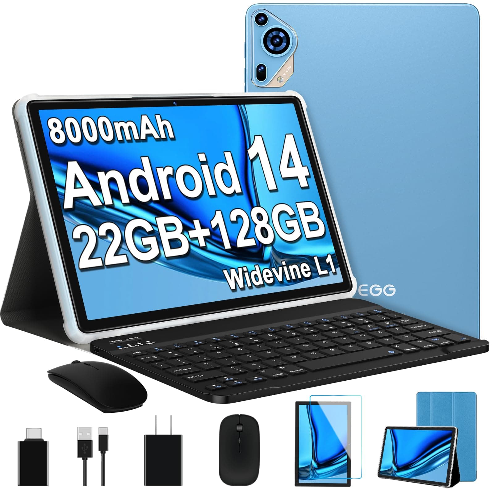 2025 Android 14 Tablet 10 inch Octa-Core Tablets with 22GB RAM+128GB ROM(Expand to 1TB),8000mAh Large Battery,1280x800 IPS HD Touch Screen,Support Widevine L1,Keyboard & Mouse Included-Blue