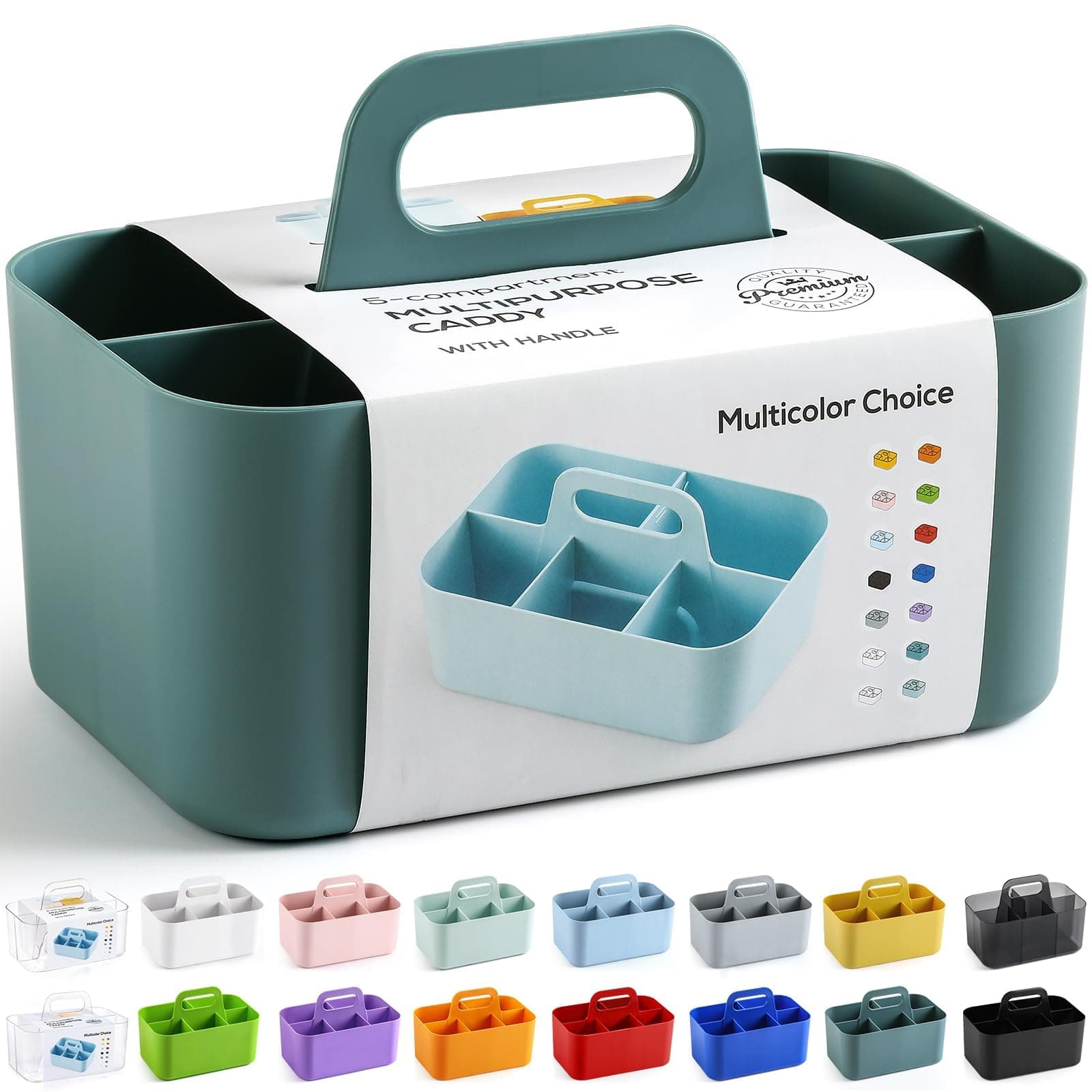 Multiuse Caddy Organizer with Handle, Portable Divided Plastic Tote Bin - Art Craft, Stationary Pen Marker Crayons, Makeup Hair Supplies Storage - Bathroom, Classroom, Dorm, Office, Desk Holder - Cyan