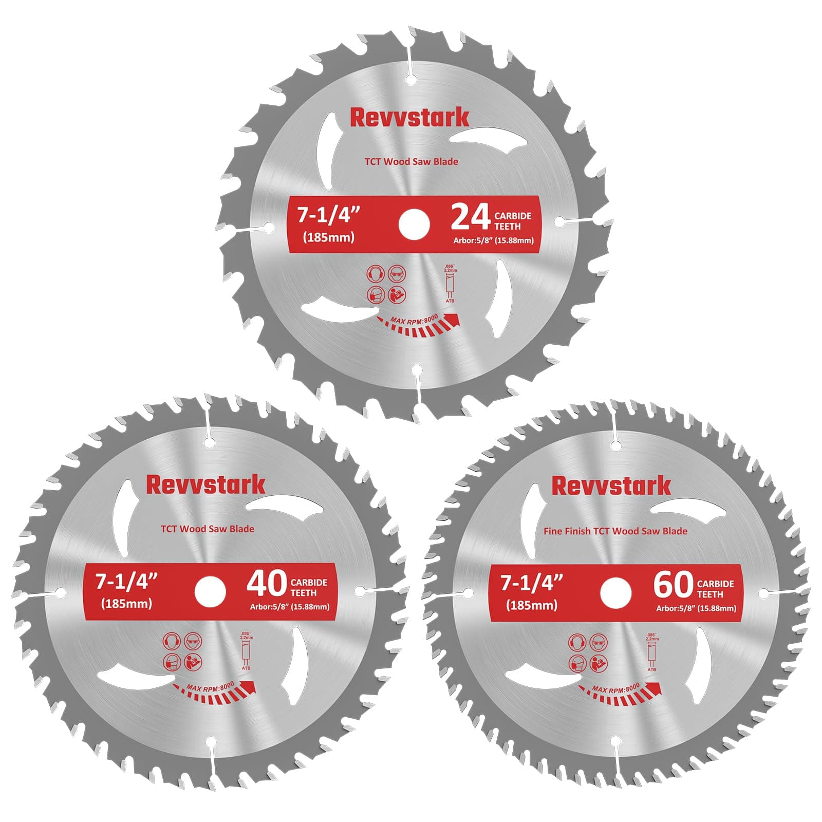 3 Pack 7-1/4 Inch Circular Saw Blades with 5/8" Arbor, Carbide 24T/40T/60T