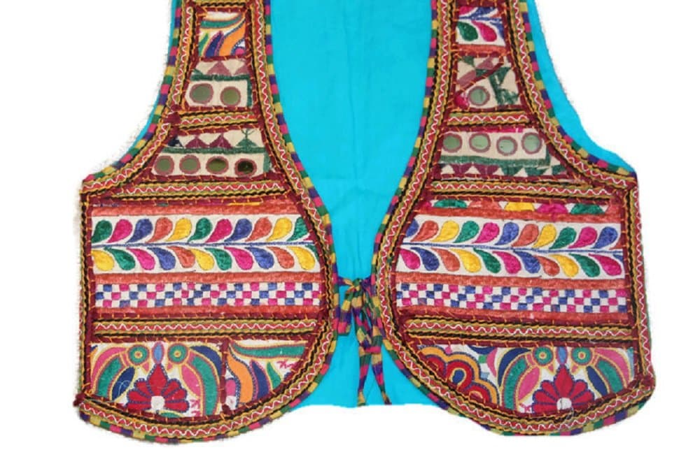 Samudrika Designer Hand Embroidered Indian Kutch Style Koti Shrug Jacket Light Blue