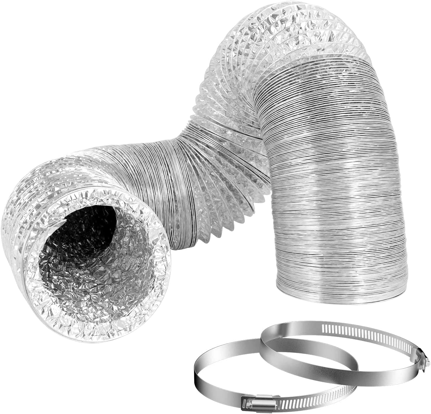5 Inch Duct 5 Feet, Hon&Guan Flexible Dryer Vent Hose For Tight Space Dryer Exhaust Hose Aluminum Duct For Heating and Cooling Ventilation-with 2 Clamps
