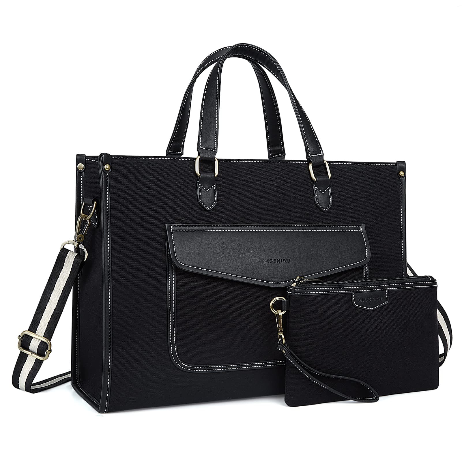 Missnine Tote Bag Canvas Laptop Bag for Women 15.6 inch Casual Work Bags with Clutch Purse Computer 2 PCS Set (Black_2pcs)