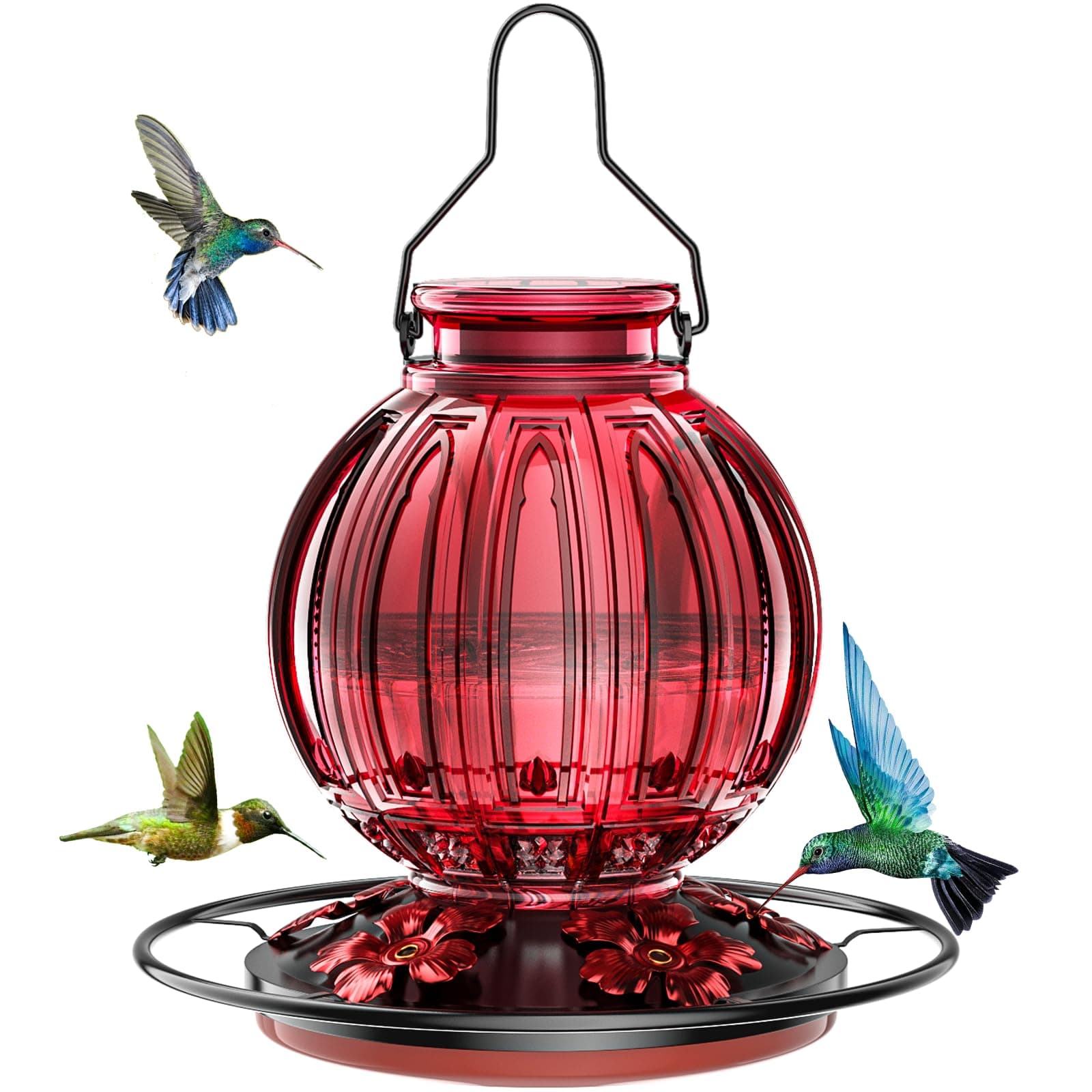 Glass Hummingbird Feeder for Outdoors Hanging, 26Oz Bird Nectar Feeder with Perch & 5 Flower Feeding Ports, Leak Proof for Outside Garden Decor Backyard, Gifts for Women Mom, Red